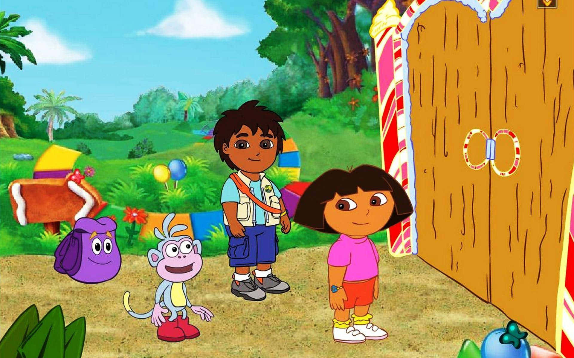 Dora The Explorer And Her Friends Standing In Front Of A Door Background