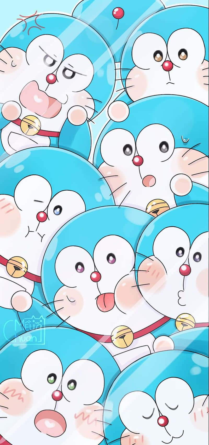 Doraemon - A Group Of Blue And White Cartoon Characters Background