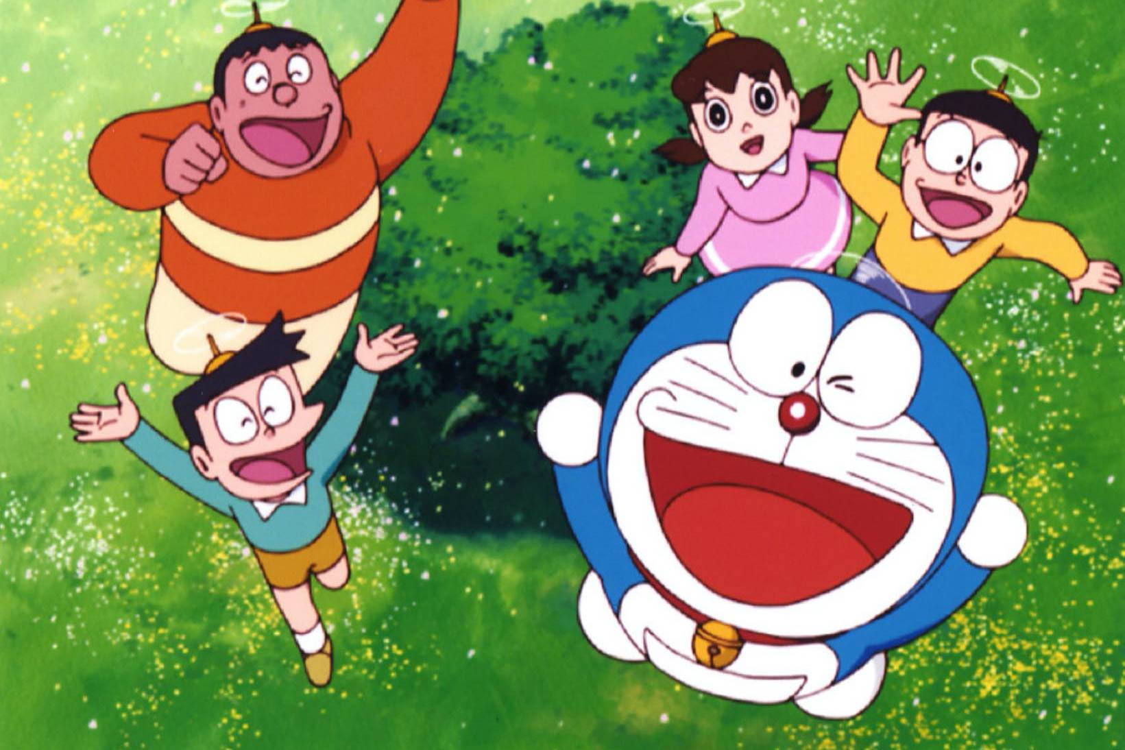Doraemon And Friends Reaching Up High 4k Background
