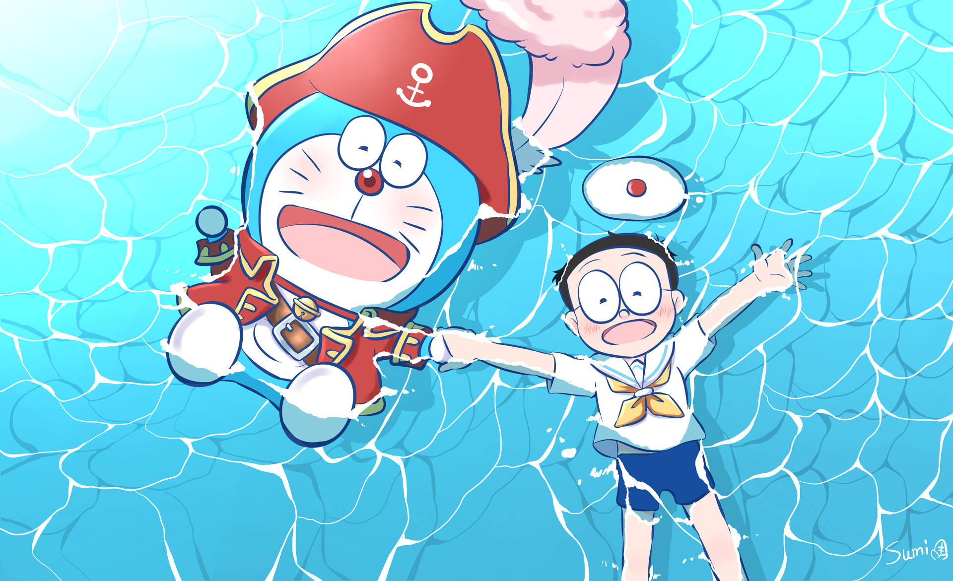 Doraemon And Nobita On Ocean Background