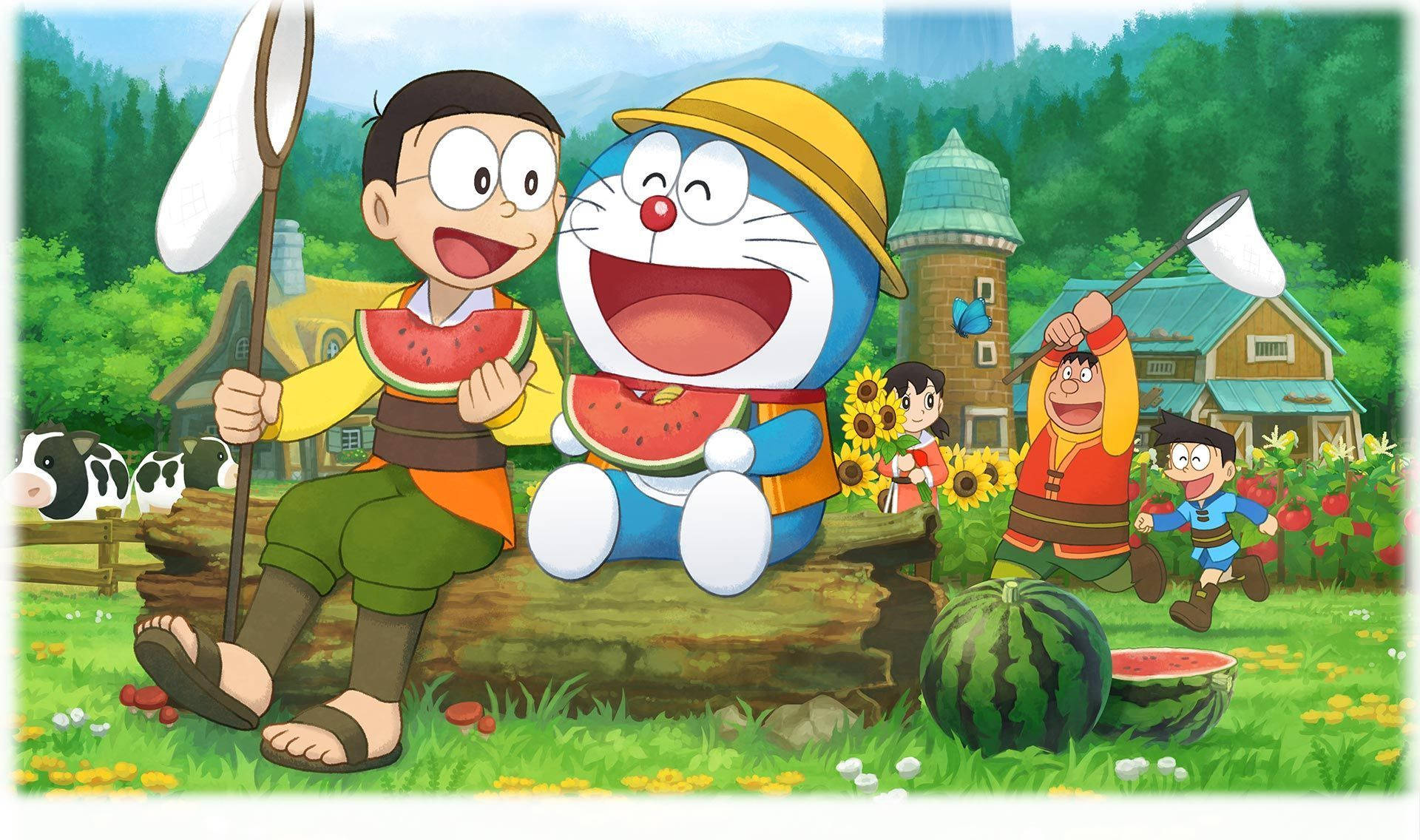 Doraemon And Nobita Watermelons Background