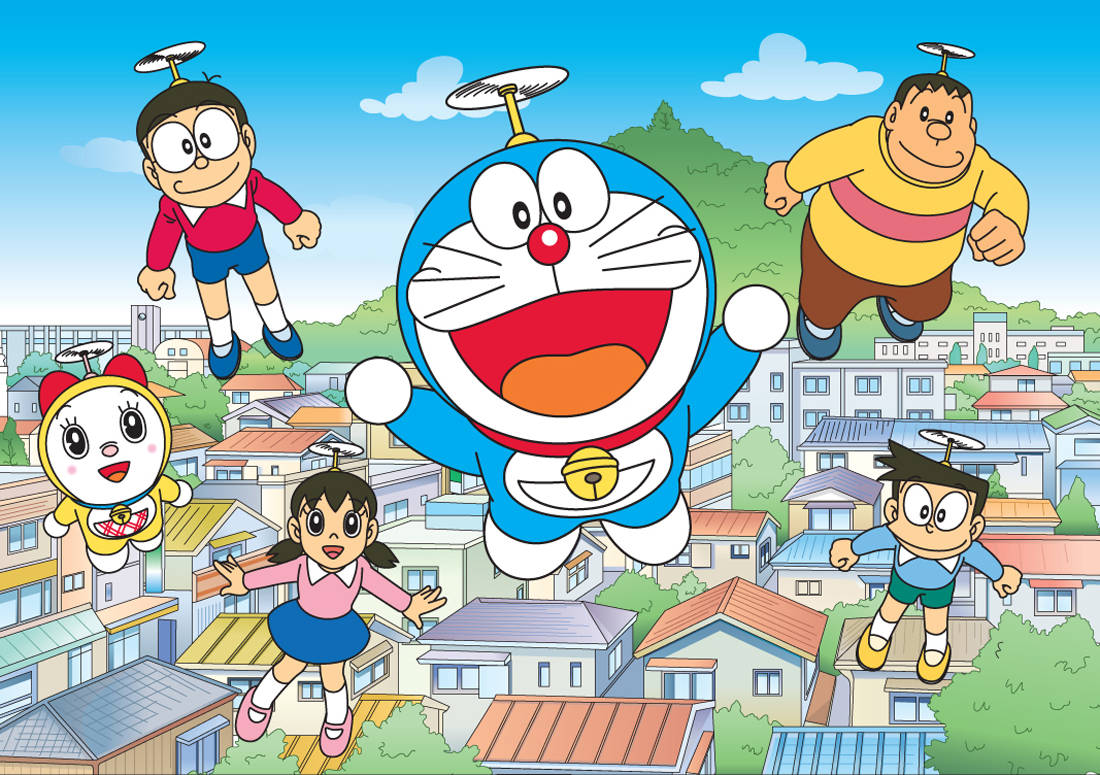 Doraemon Flying With His Friends 4k Background