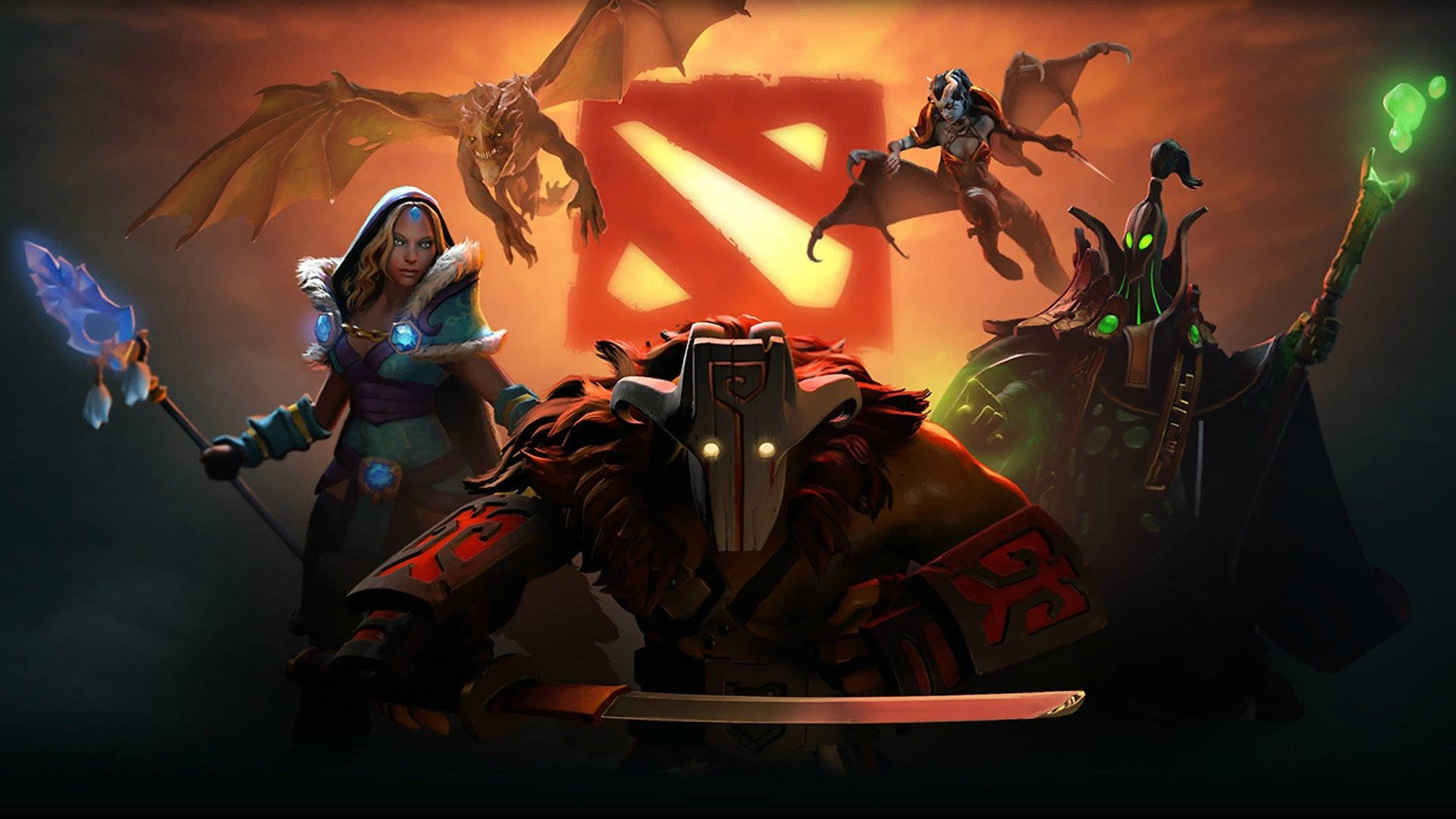 Dota 2 - A Group Of Characters With A Dragon Background