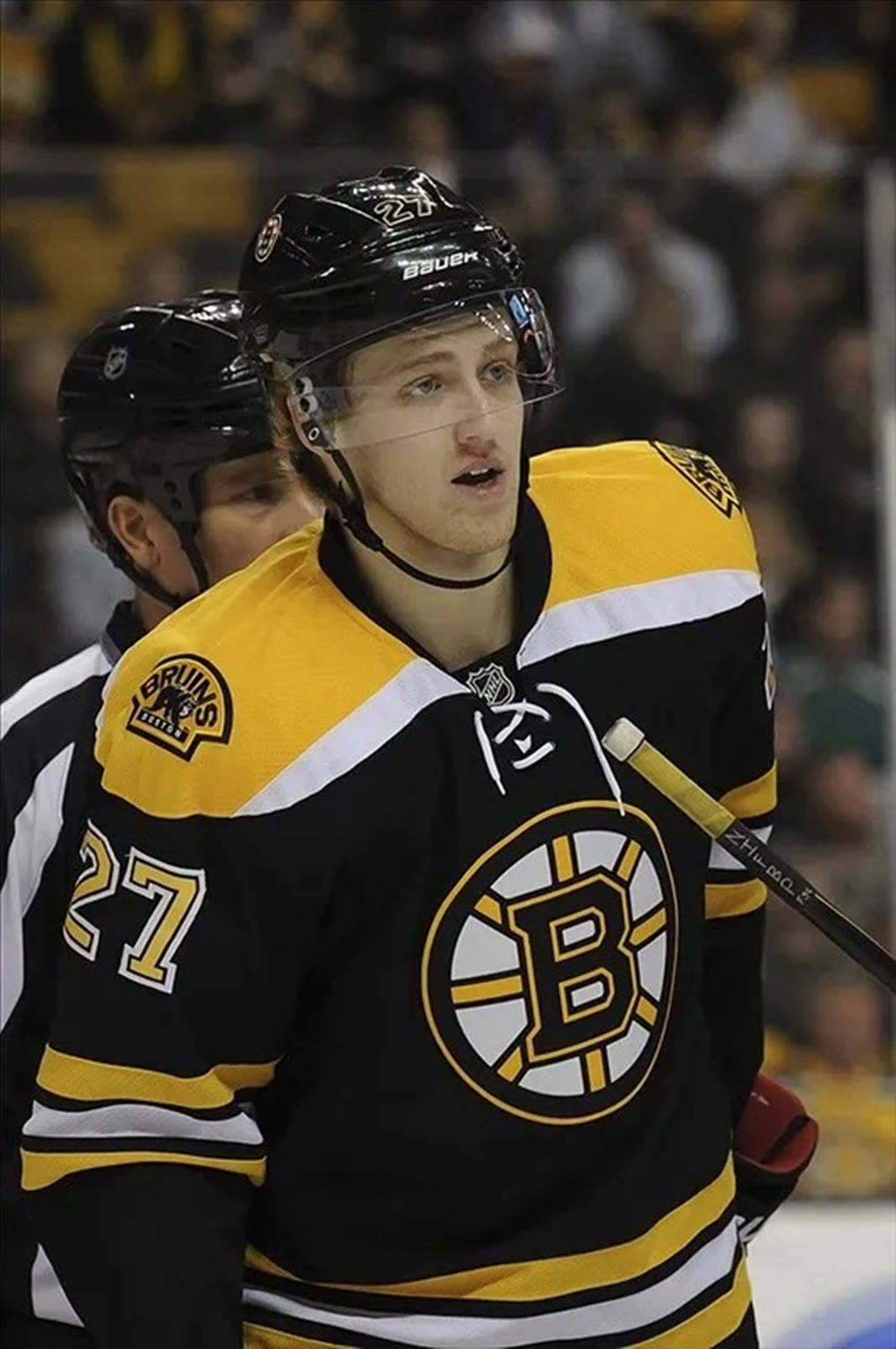 Dougie Hamilton, Former Star Defenceman Of Boston Bruins In Deep Concentration On The Ice Background