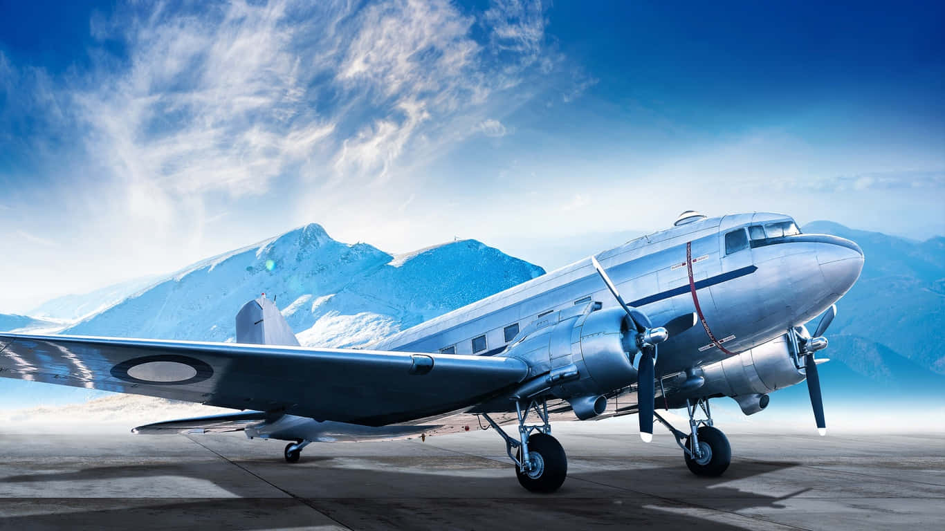 Douglas Dc-3 Small Airplane In Icy Mountain Background