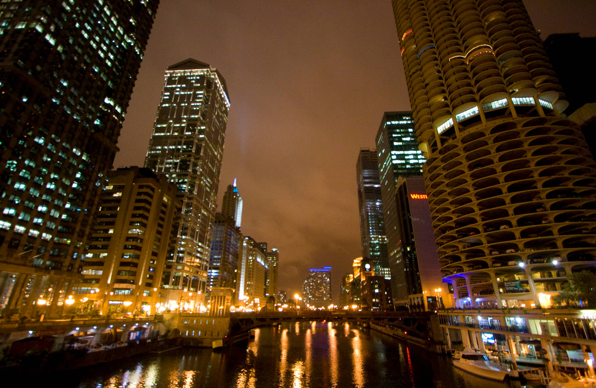 Downtown Chicago River At Night