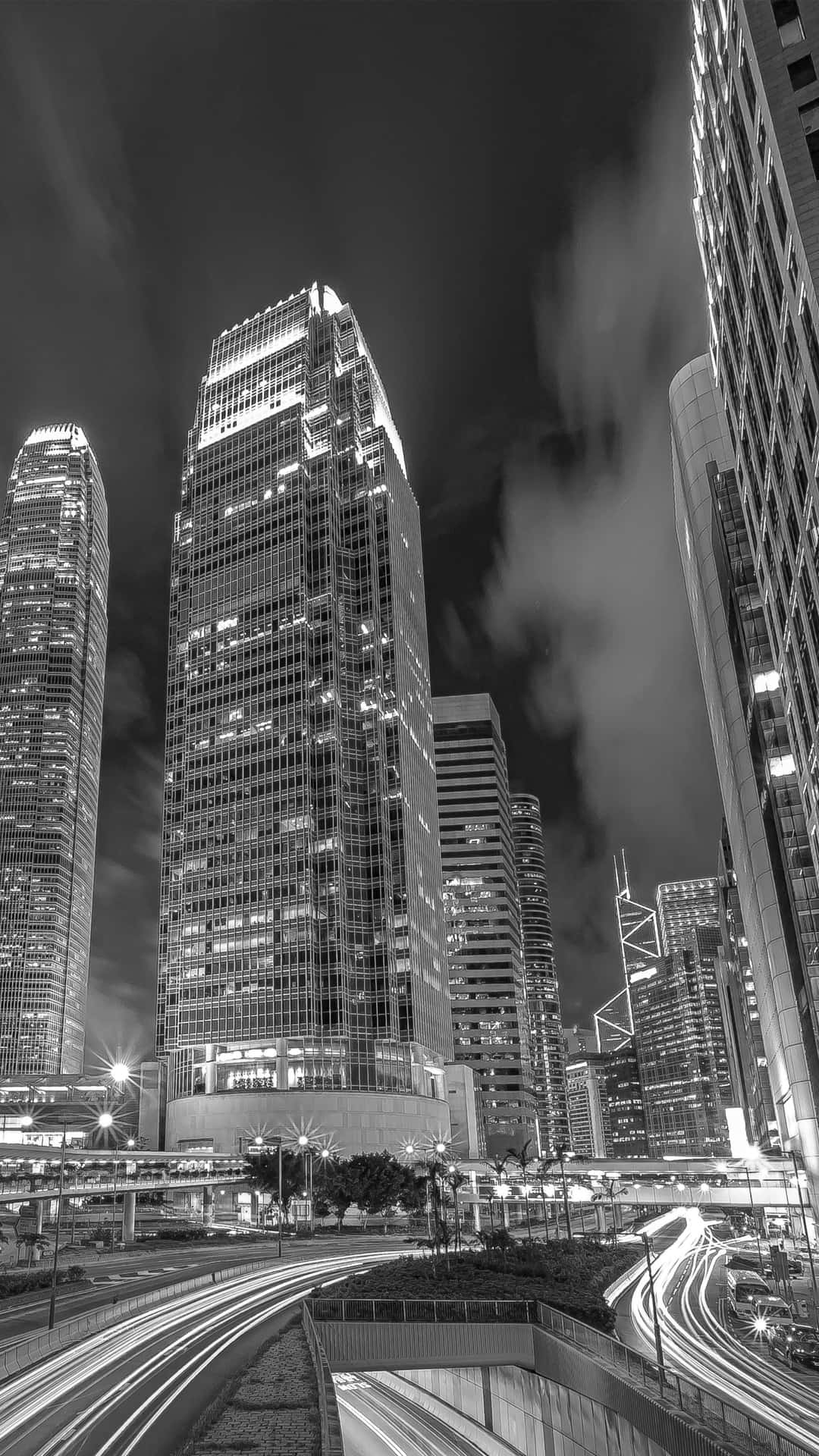 Downtown Skyscrapers Night Lights Monochrome Background