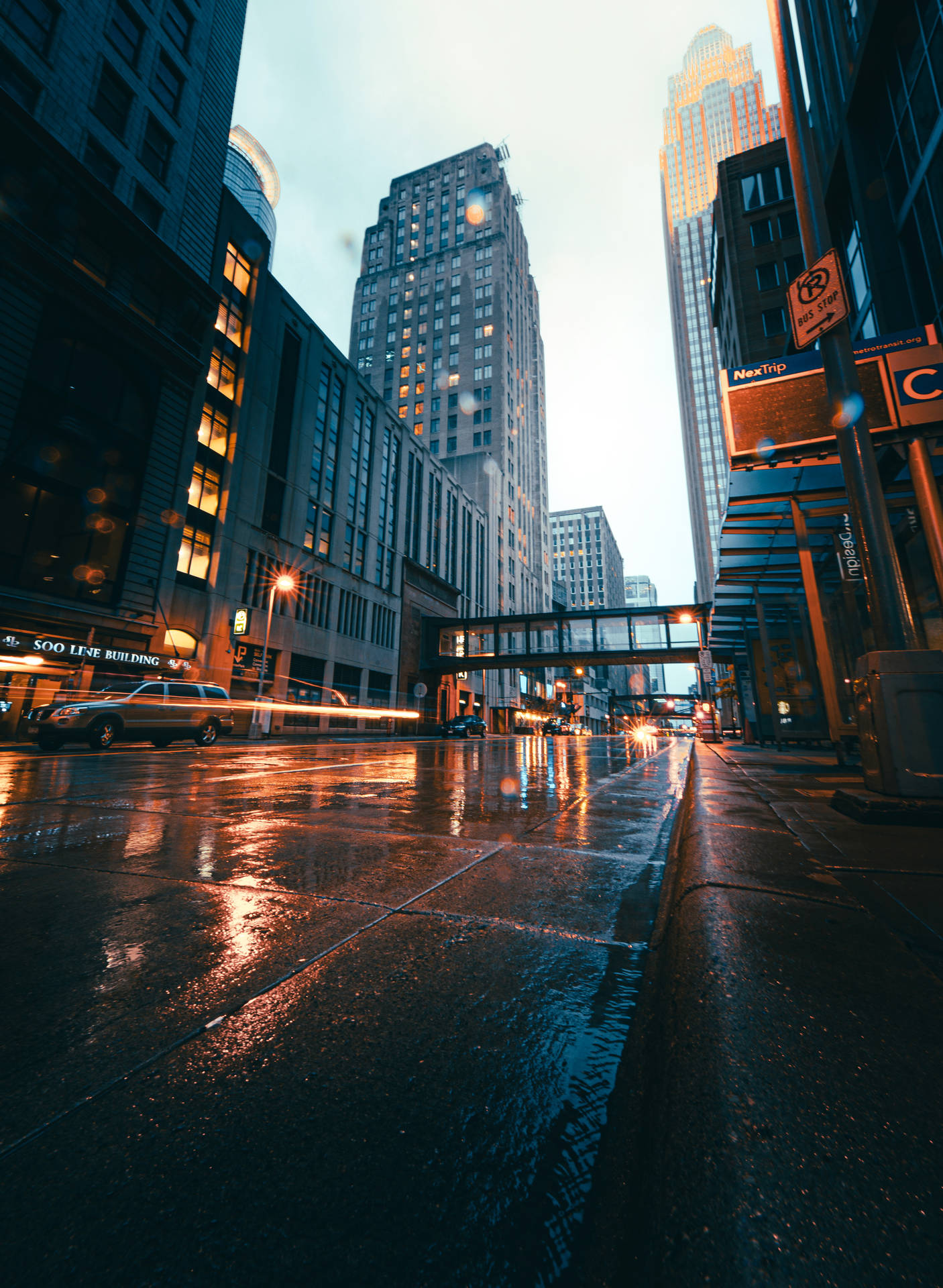 Downtown Street After The Rain Background