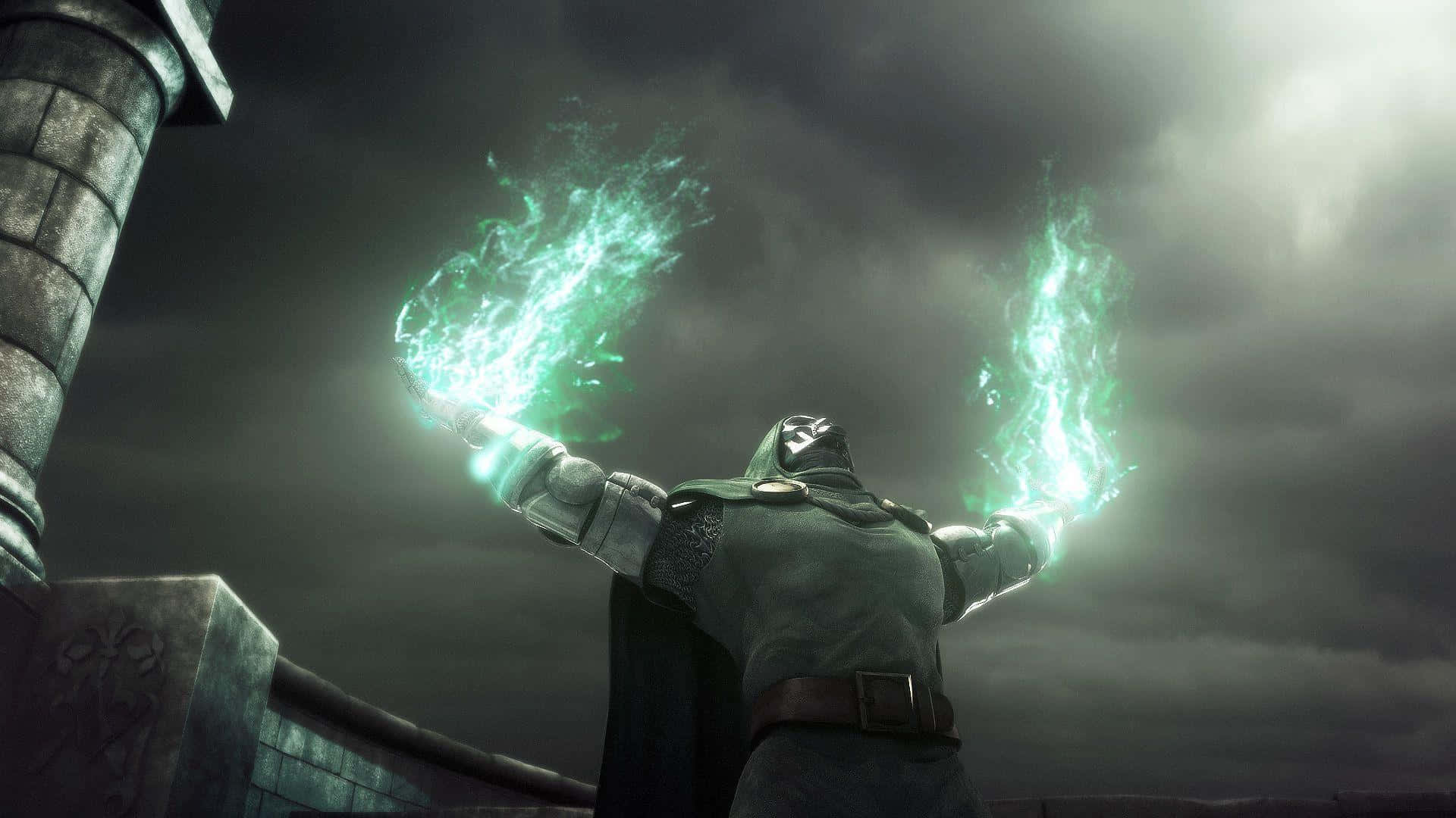 Dr Doom Standing Victorious Amidst Flames And Chaos* Background