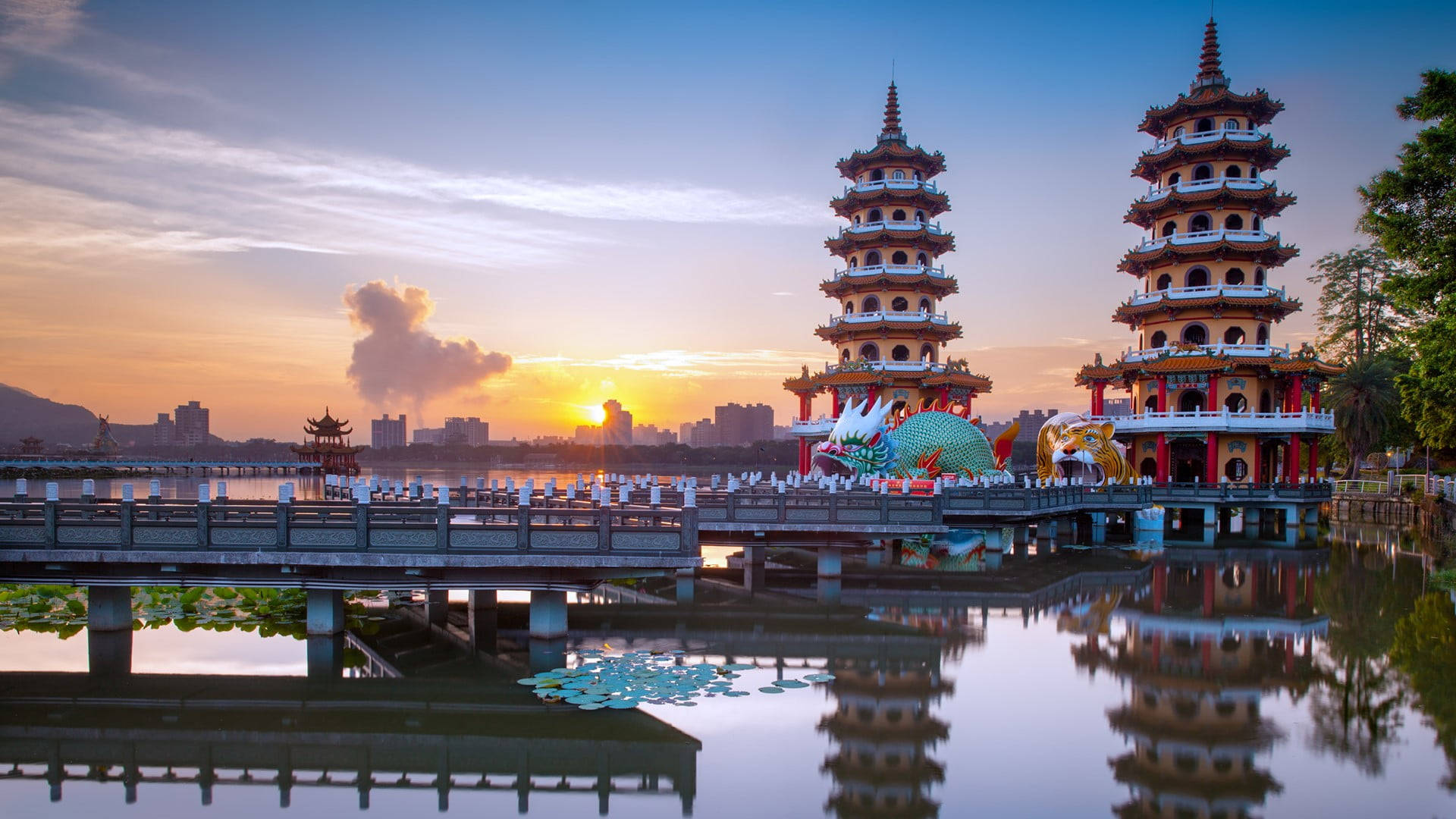 Dragon And Tiger Pagodas Taiwan Background