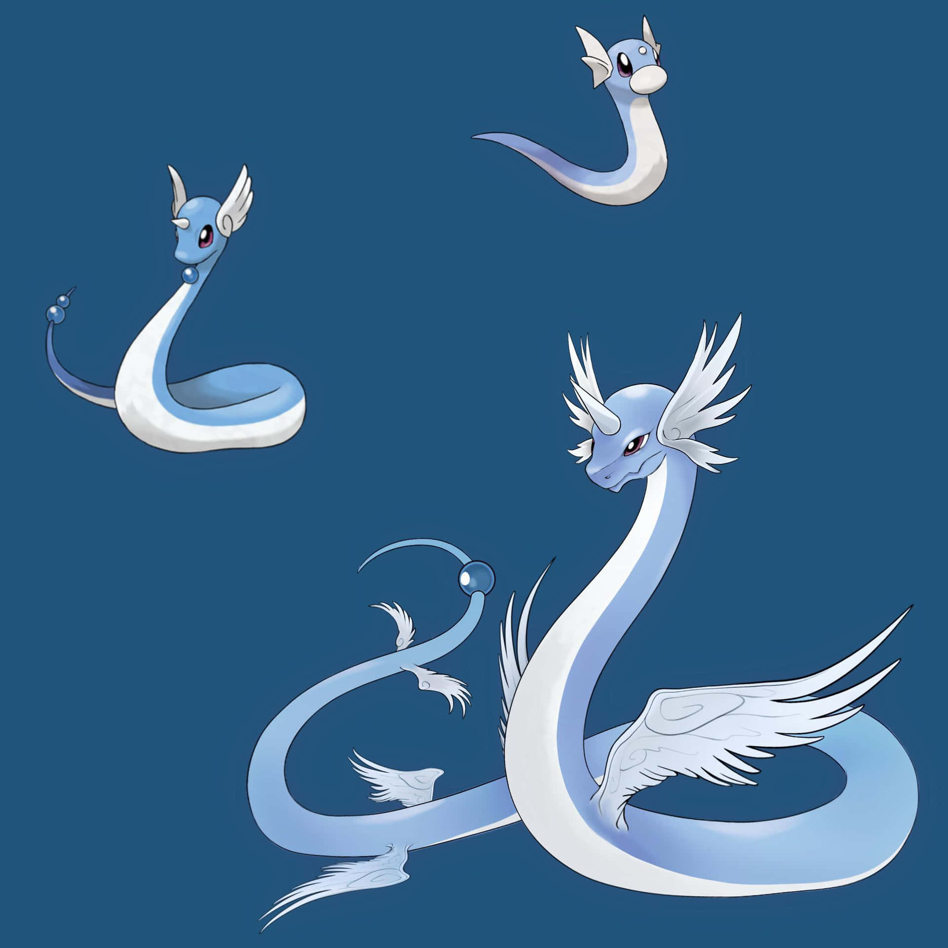 Dragonair And Dratini Illustration Blue Background Background