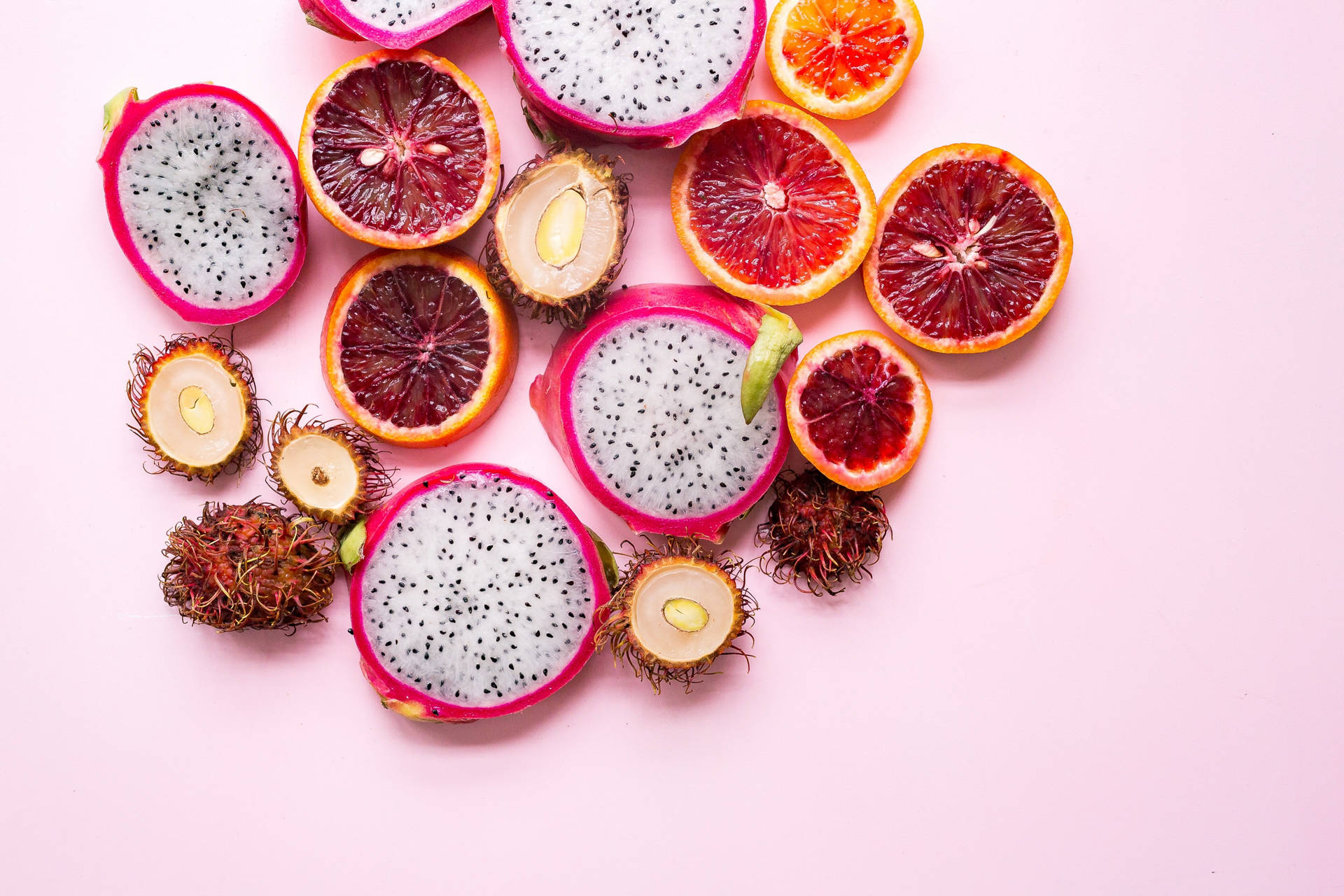 Dragonfruit Blood Orange Rambutan Fruit Slices Background