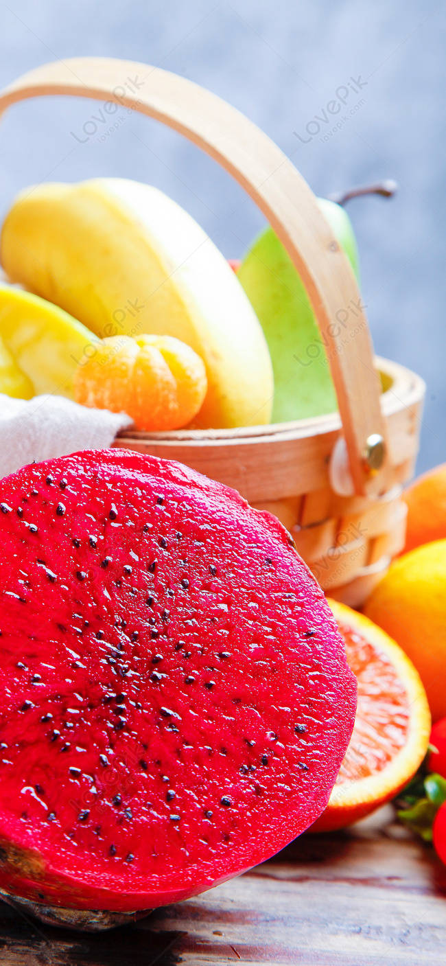 Dragonfruit Orange Mango Fruit Basket Background