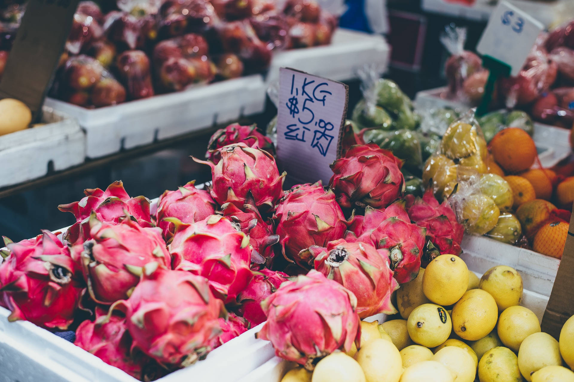 Dragonfruit Pear Orange Market Food Photography Background