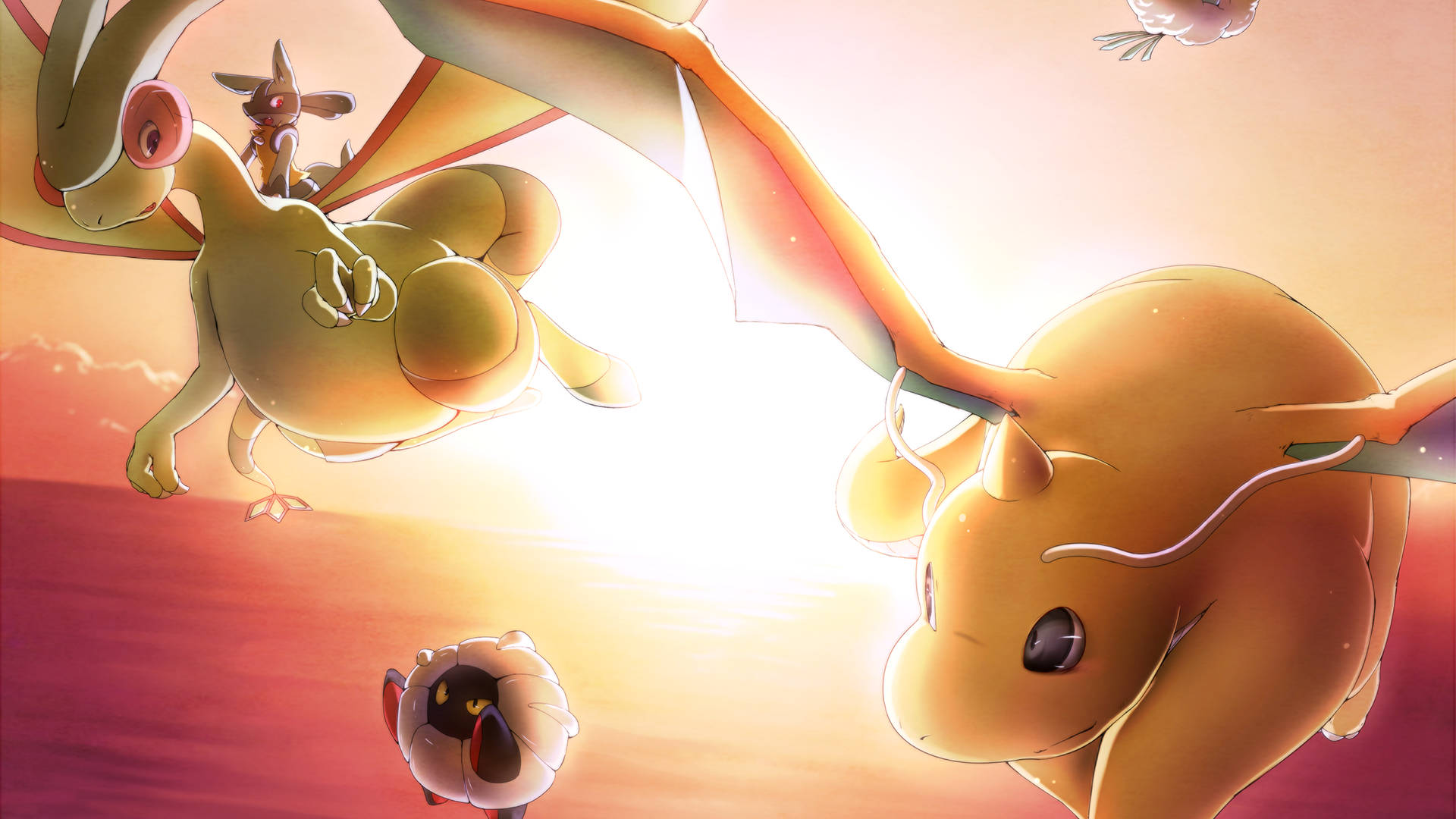 Dragonite Aerial Manoeuvres Against A Stunningly Majestic Sunset Background