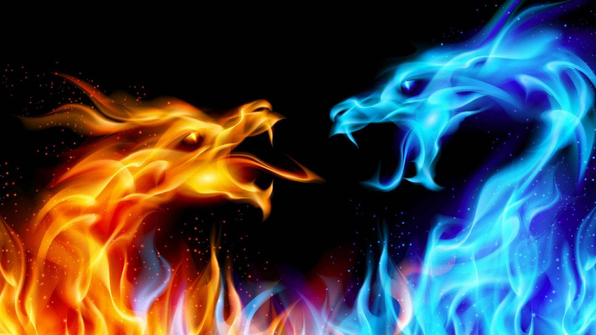 Dragons Red And Blue Flames Art Background