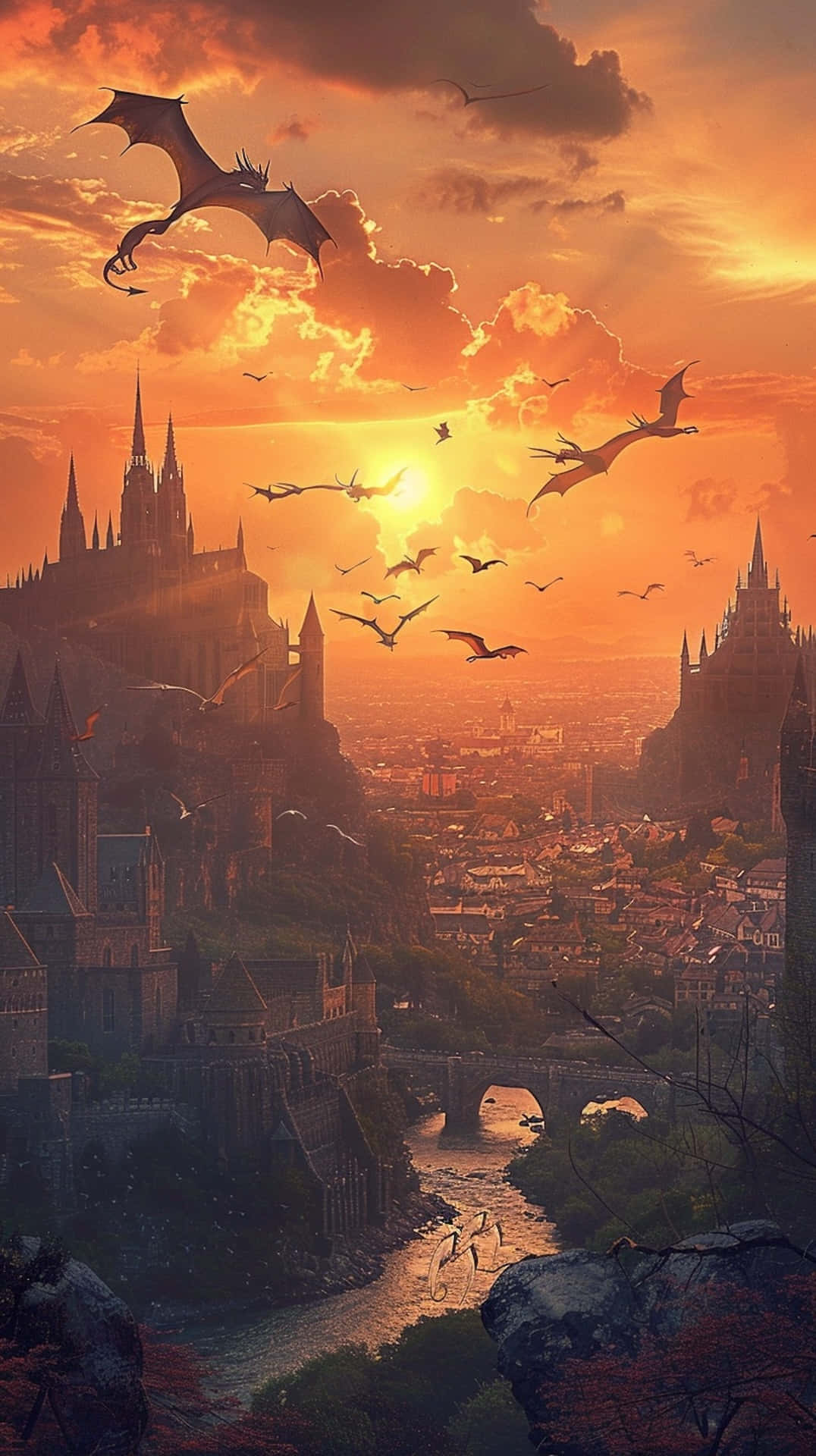 Dragons_ Sunset_ Fantasy_ Kingdom Background