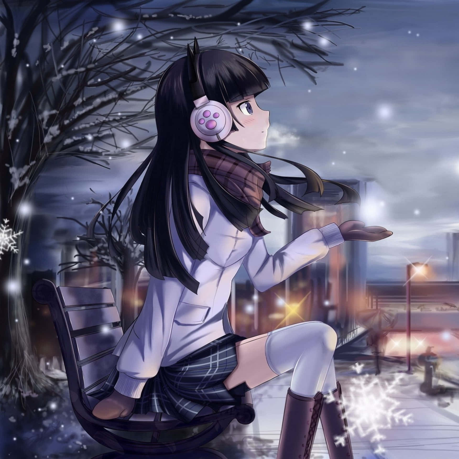 Dramatic Anime School Girl At Winter Ipad Background