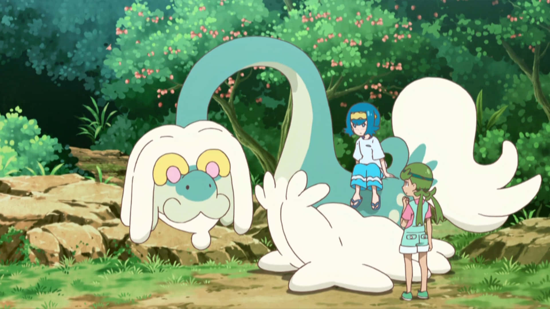 Drampa With Two Anime Characters Background