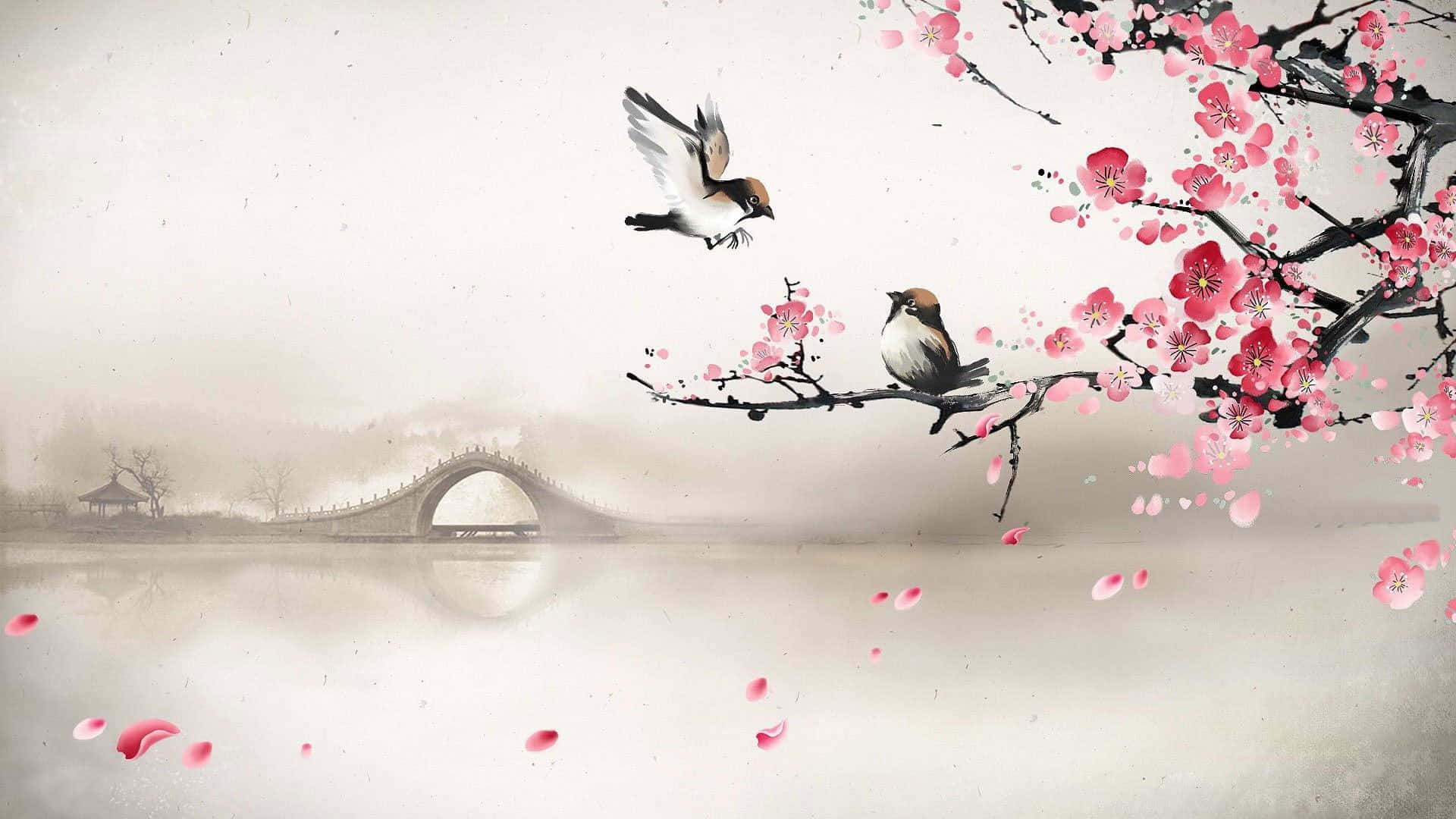 Drawing Desktop With Birds On Tree Background