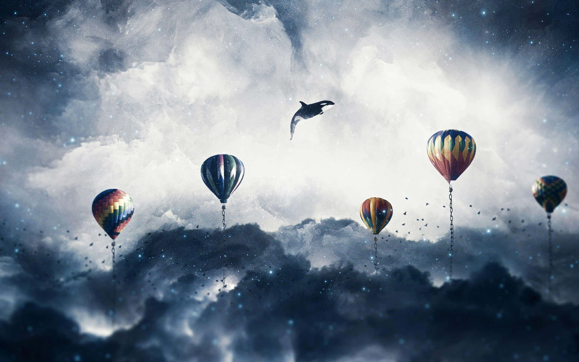 Dreamlike Balloonsand Whalein Clouds Background