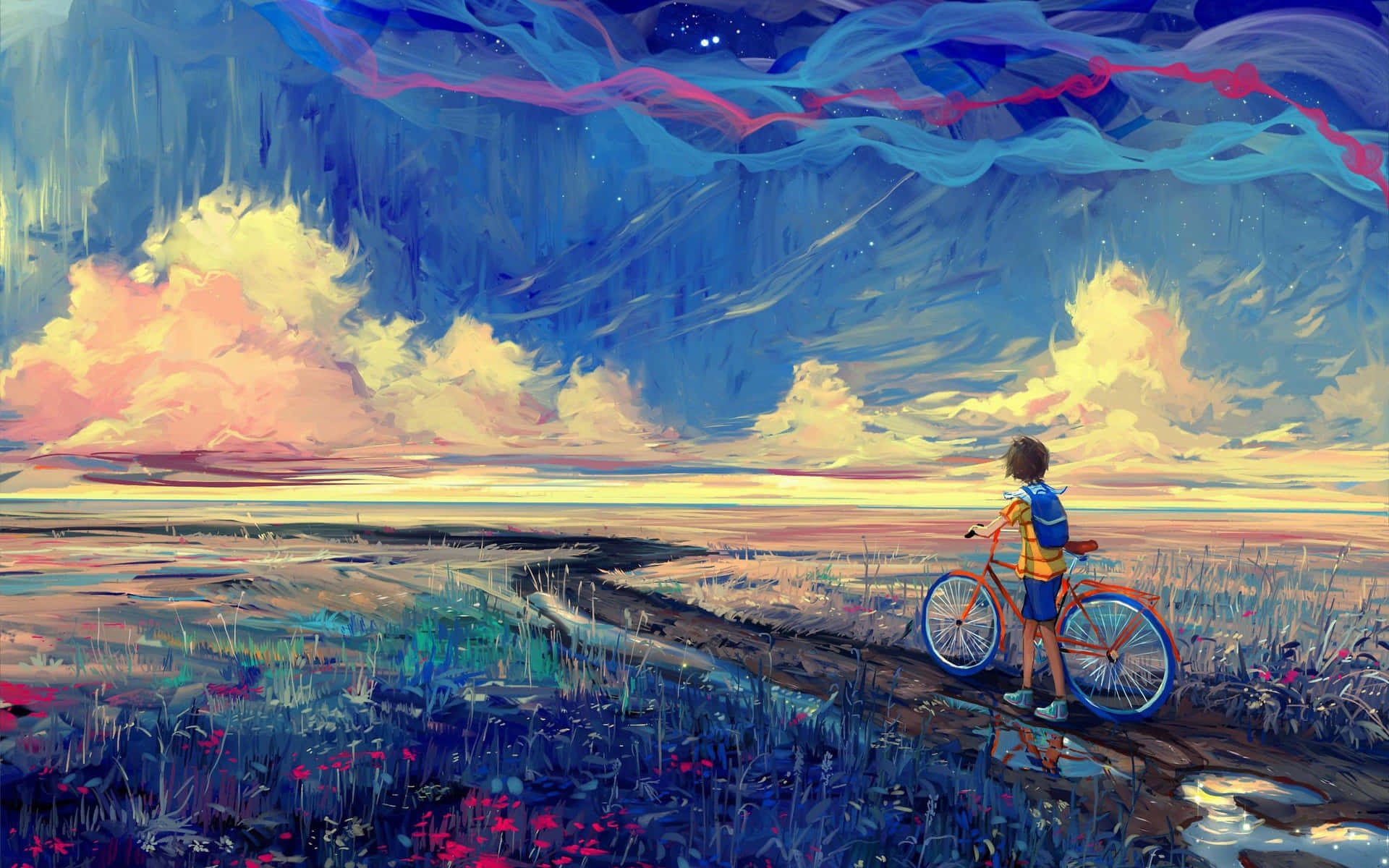 Dreamlike Cycling Under Starlit Sky Background