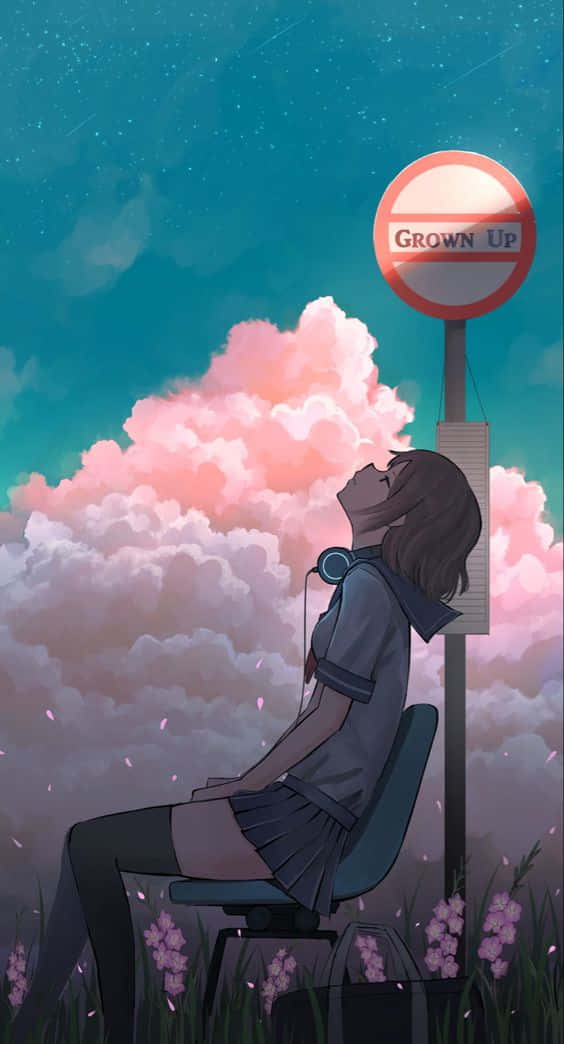 Dreamy Anime Girl Aesthetic With Cloudy Sky Background