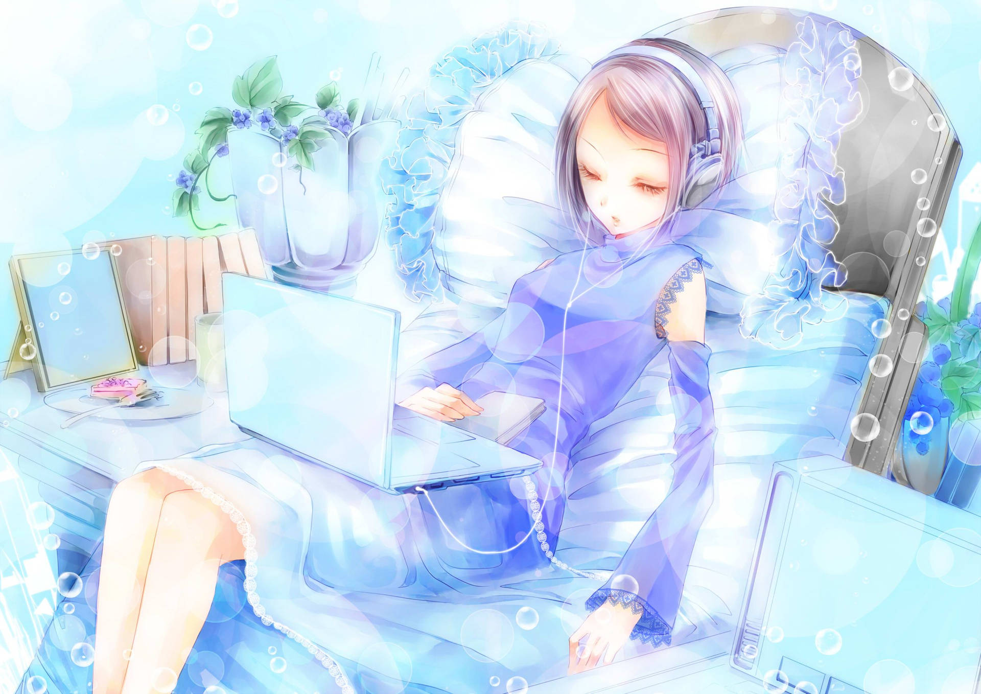 Dreamy Anime Girl Sleeps In Front Of Laptop Background