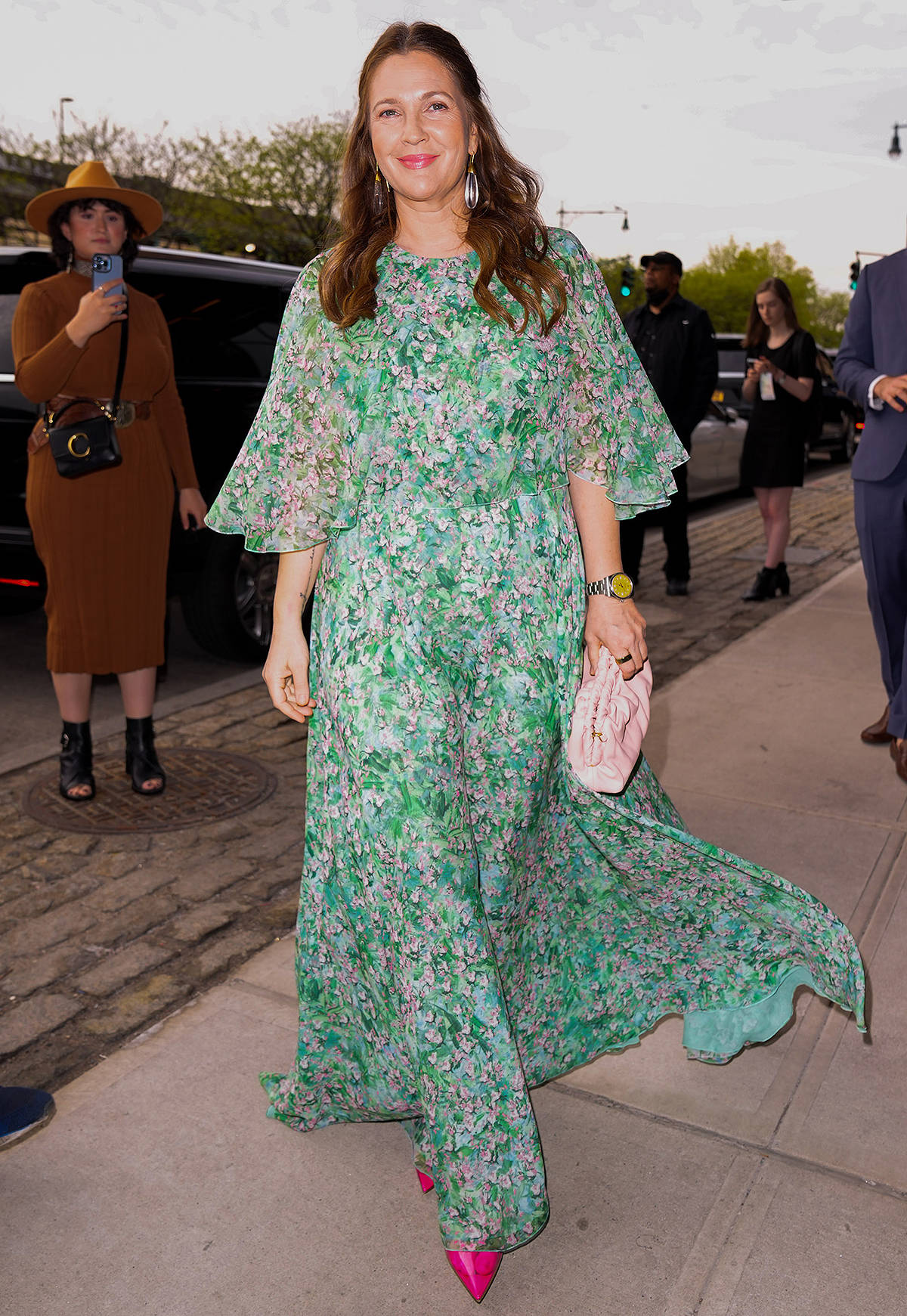 Drew Barrymore Floral Green Maxi Dress Background