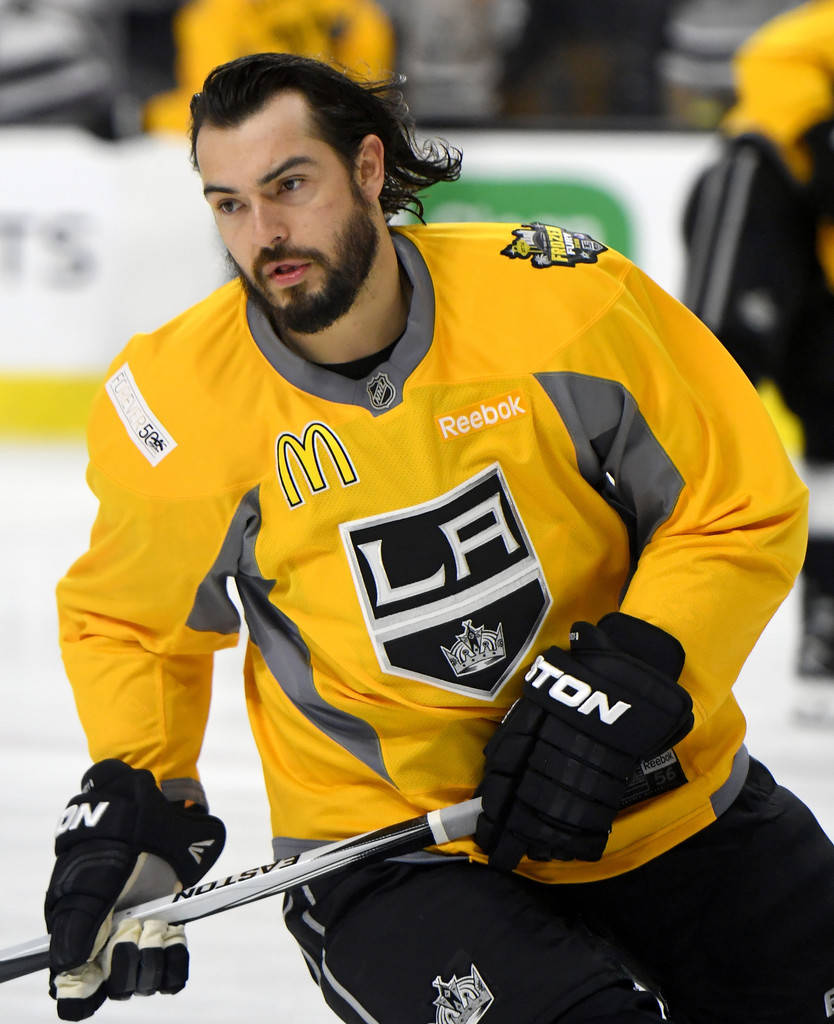 Drew Doughty From The La Kings During A Practice Game In His Mcdonald's Jersey Without A Helmet Background