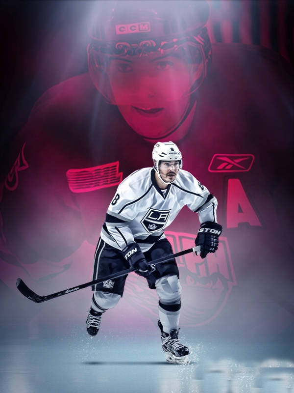 Drew Doughty Gliding On Ice While Holding Hockey Stick Background