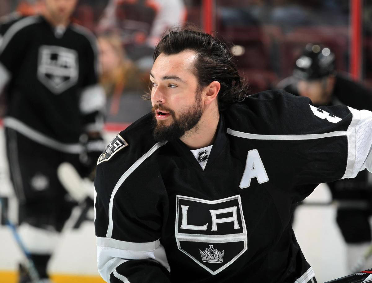 Drew Doughty Looking To The Right Without Helmet Background