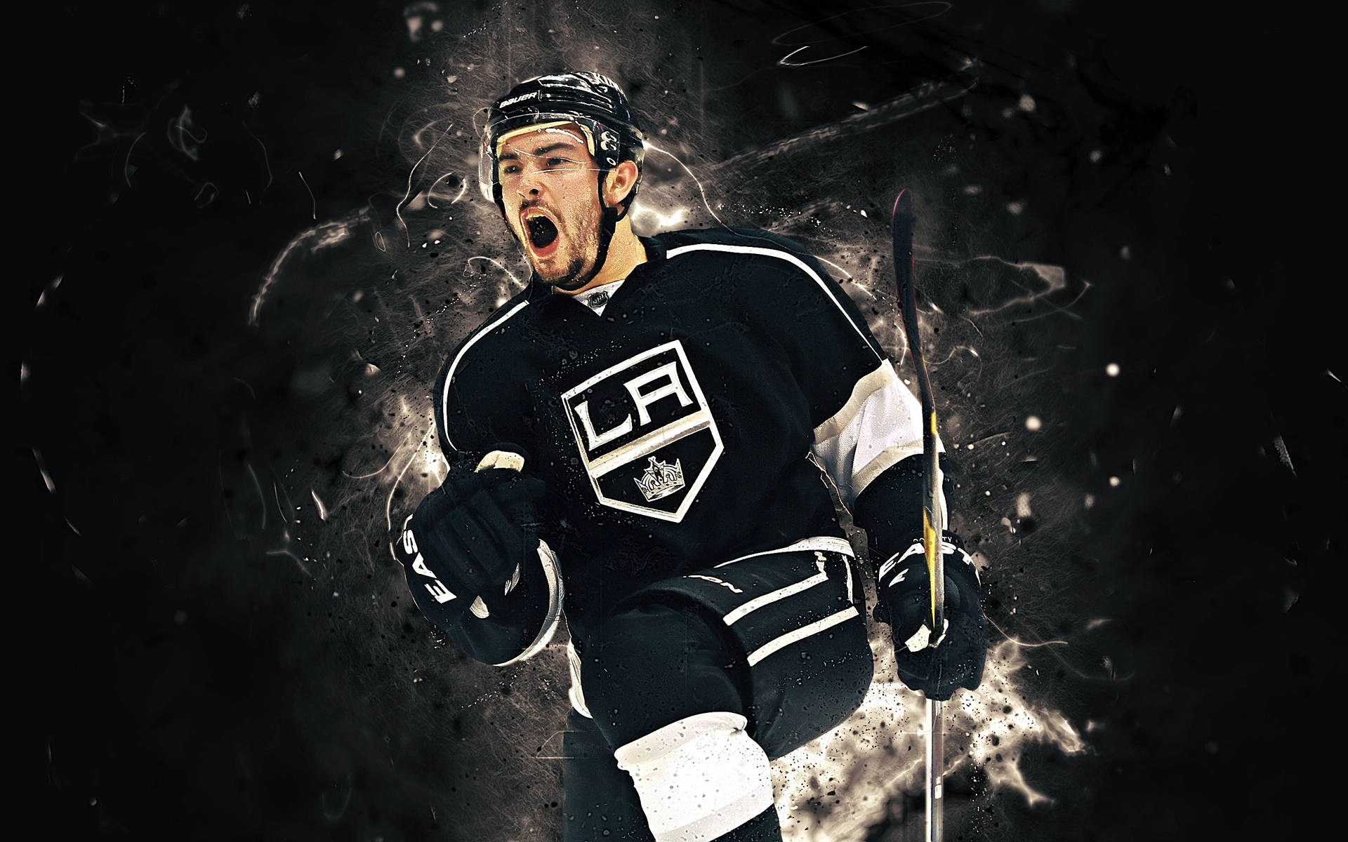 Drew Doughty Shouting Powerfully In A Game, Illuminated With Sparkling Effects Background