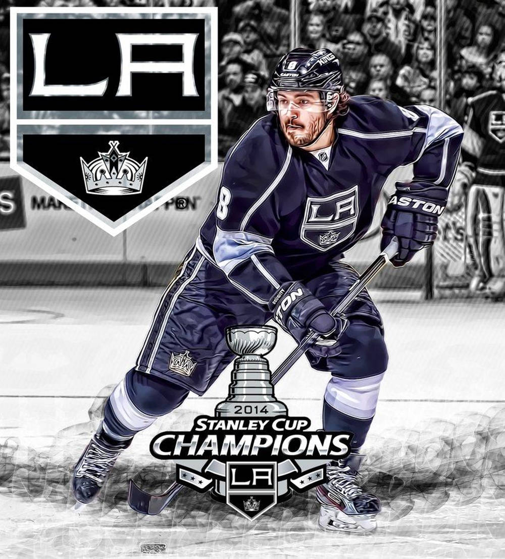 Drew Doughty Stanley Cup Champions 2014 With Los Angeles Kings Logo Background