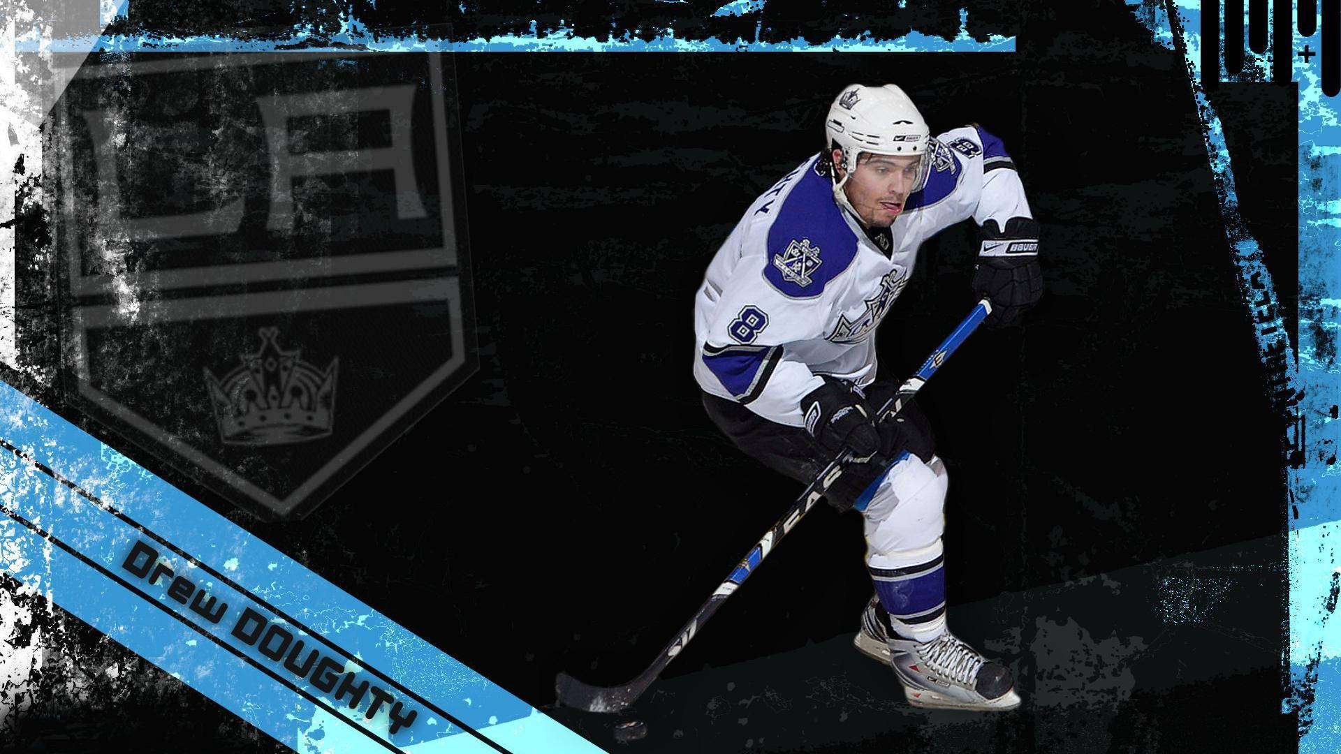 Drew Doughty With Name And Los Angeles Kings Logo In Faded Effect Background