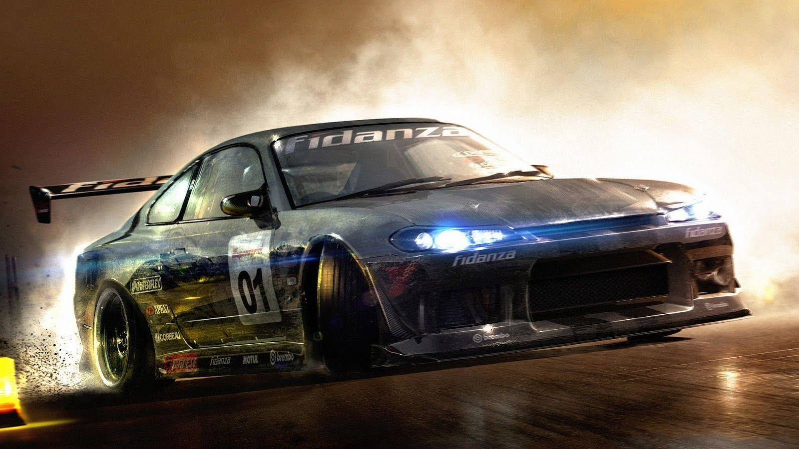 Drift Car On A Smokey And Wet Track Background