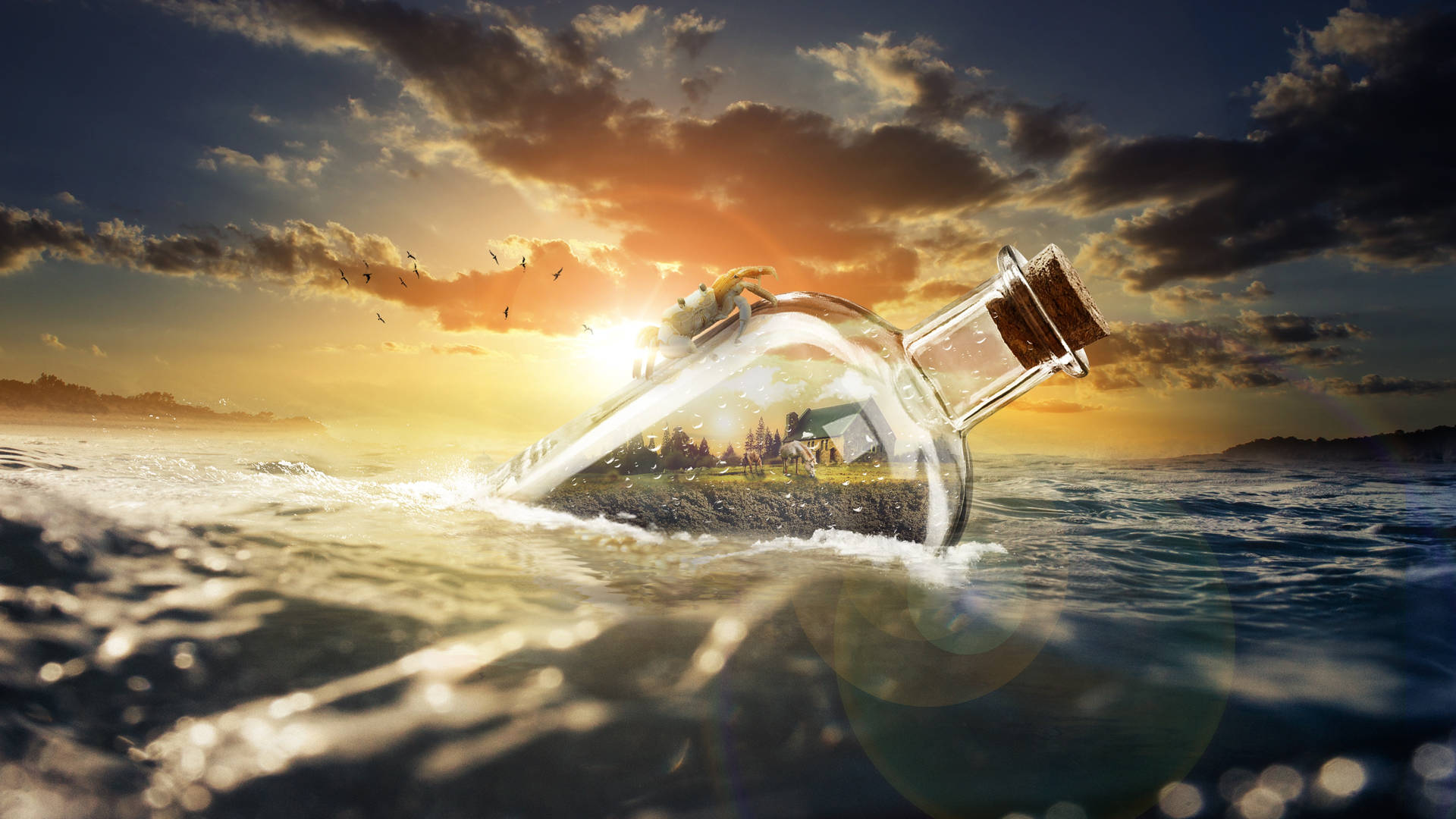 Drifting Bottle In Sea Background
