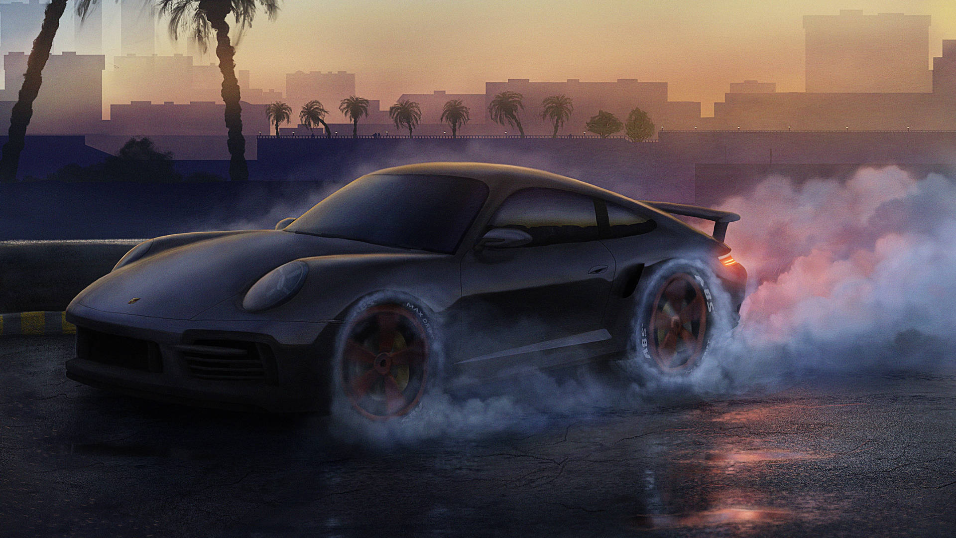Drifting Car In Sunset Background