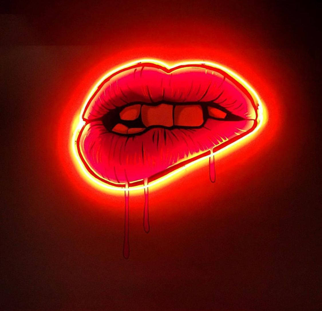 Dripping And Biting Neon Lips Background