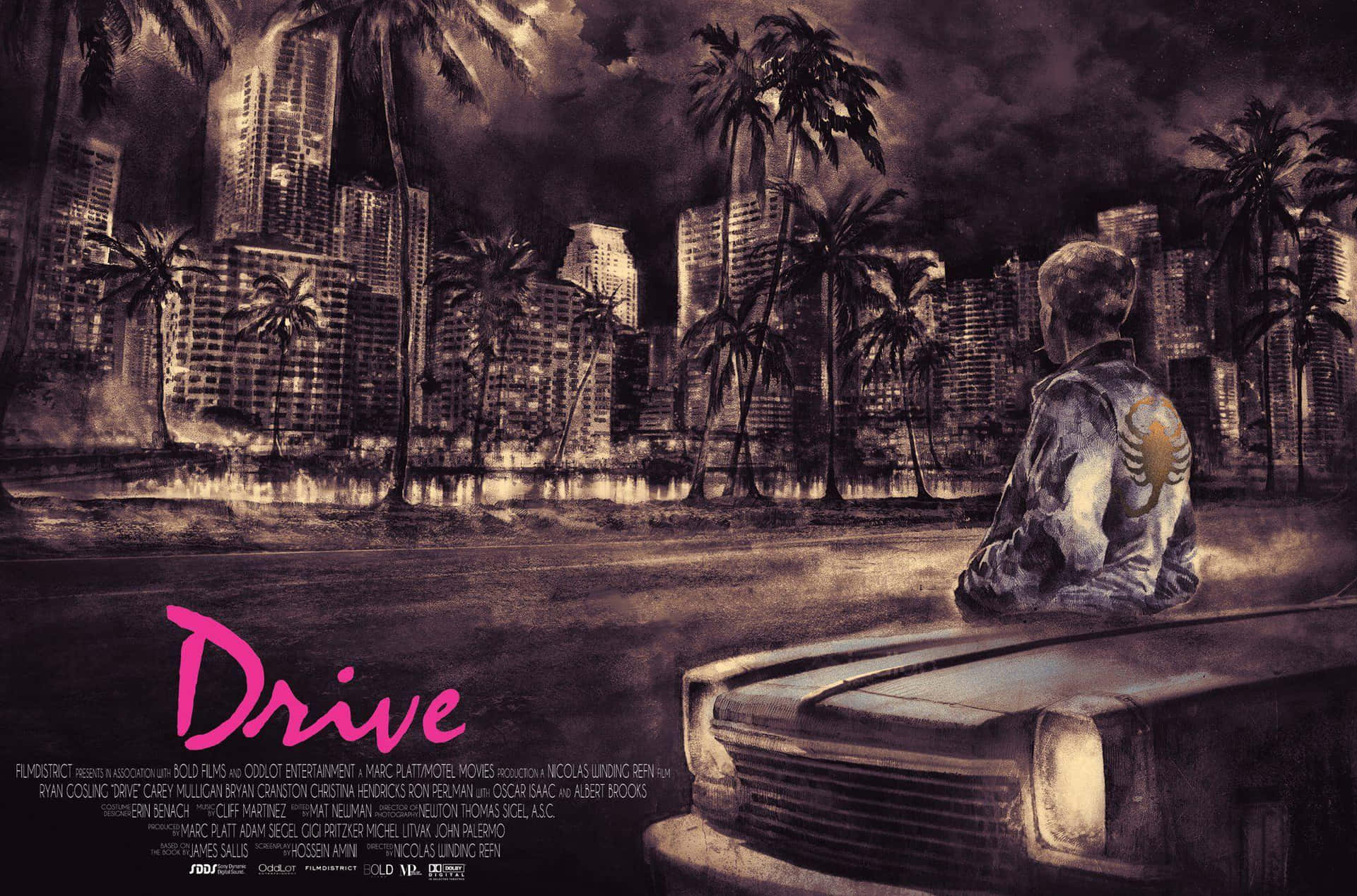 Drive Movie Artwork Sittingon Car Background
