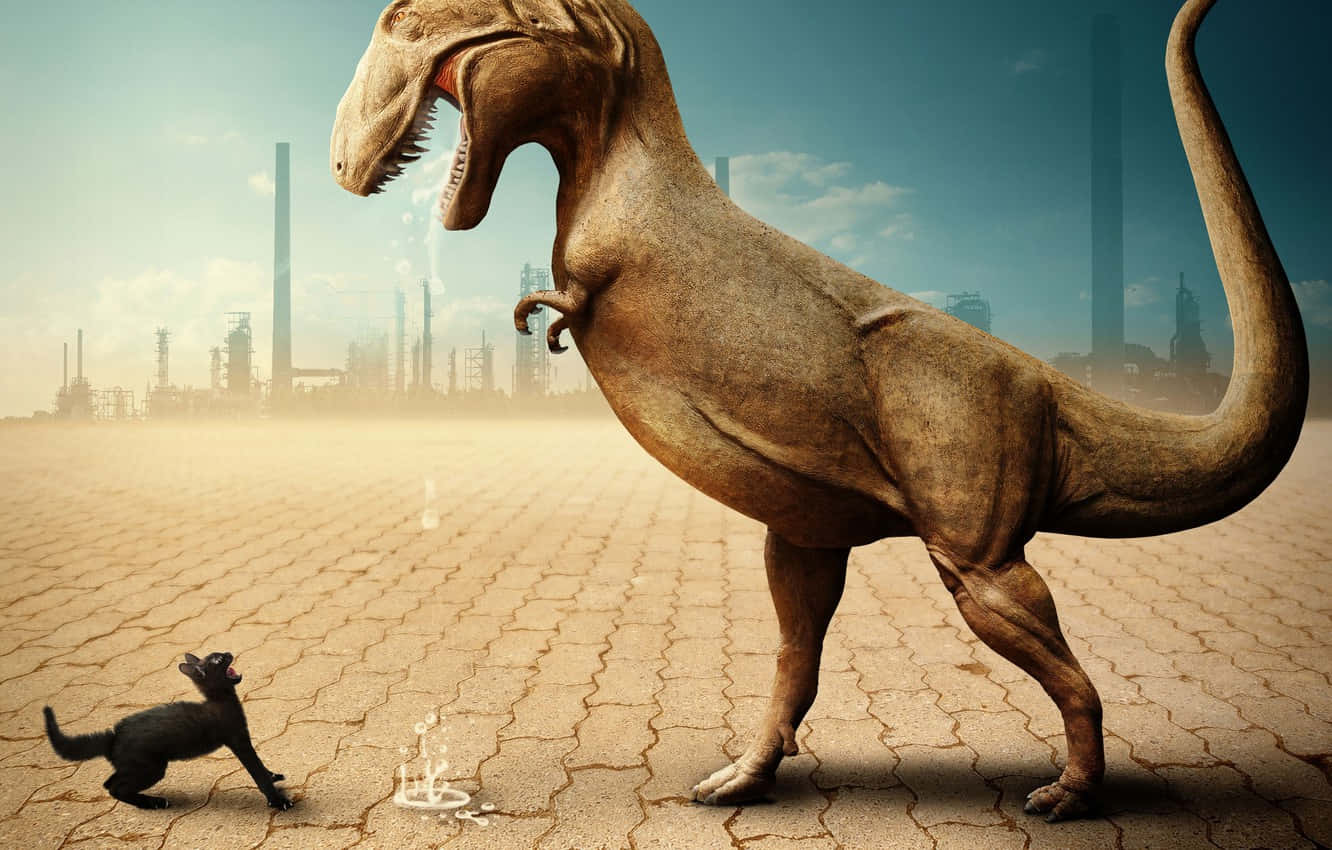 Droll Dinosaur And Cat Background