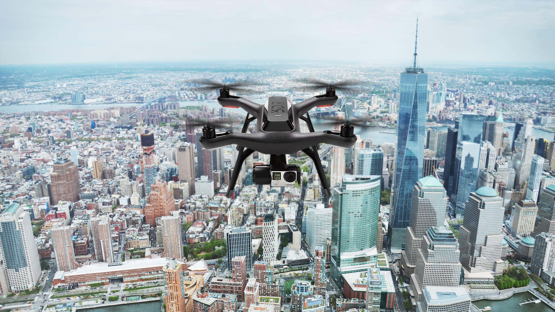 Drone Over City Skyline Background