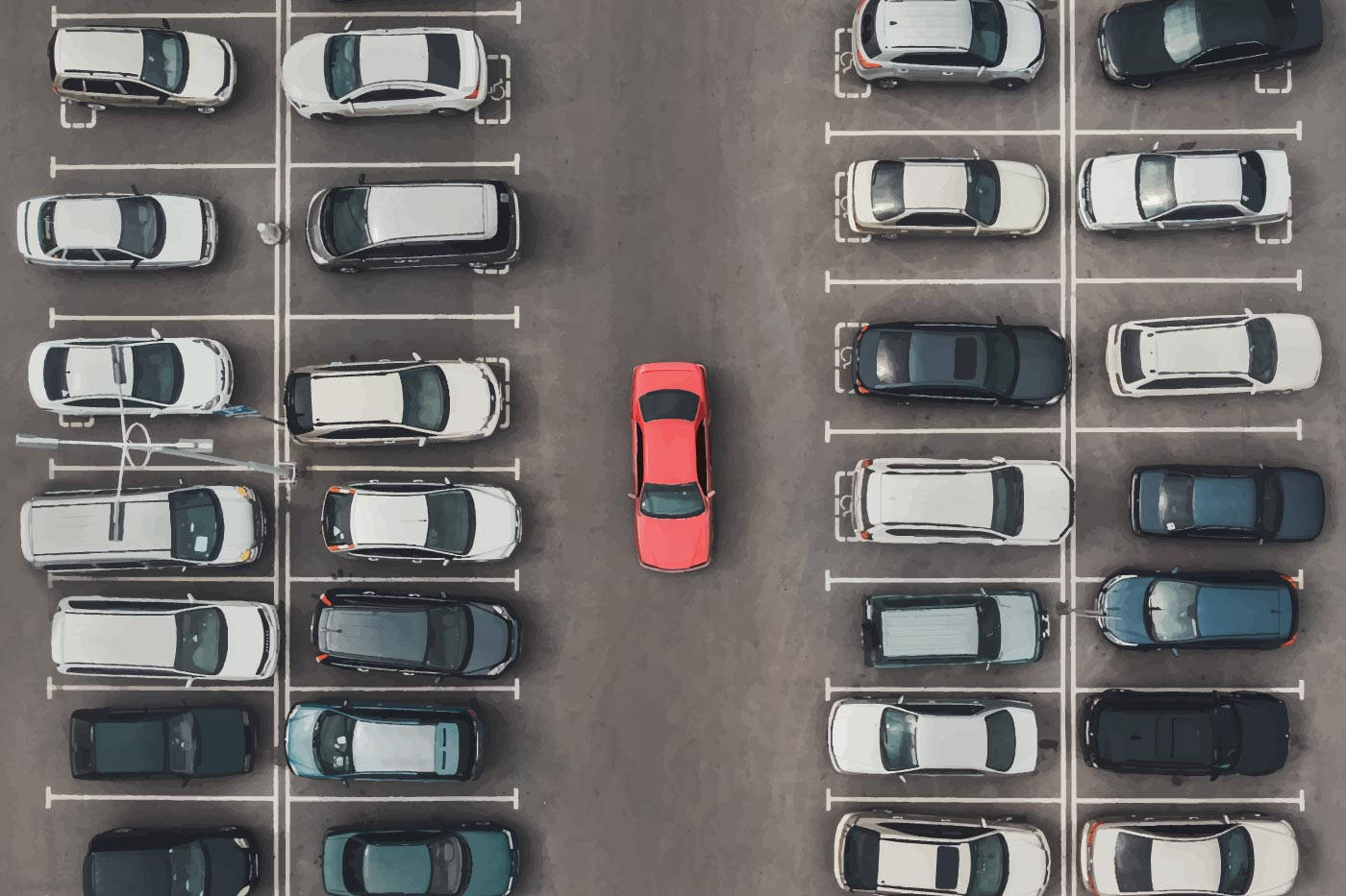 Drone Shot Of Red Car Leaving Parking Lot Background