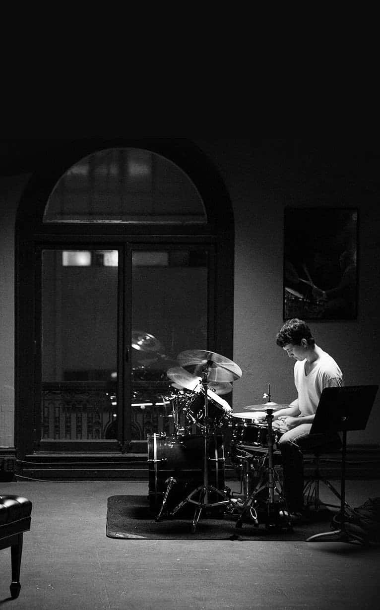 Drummer Practice Session Blackand White Background