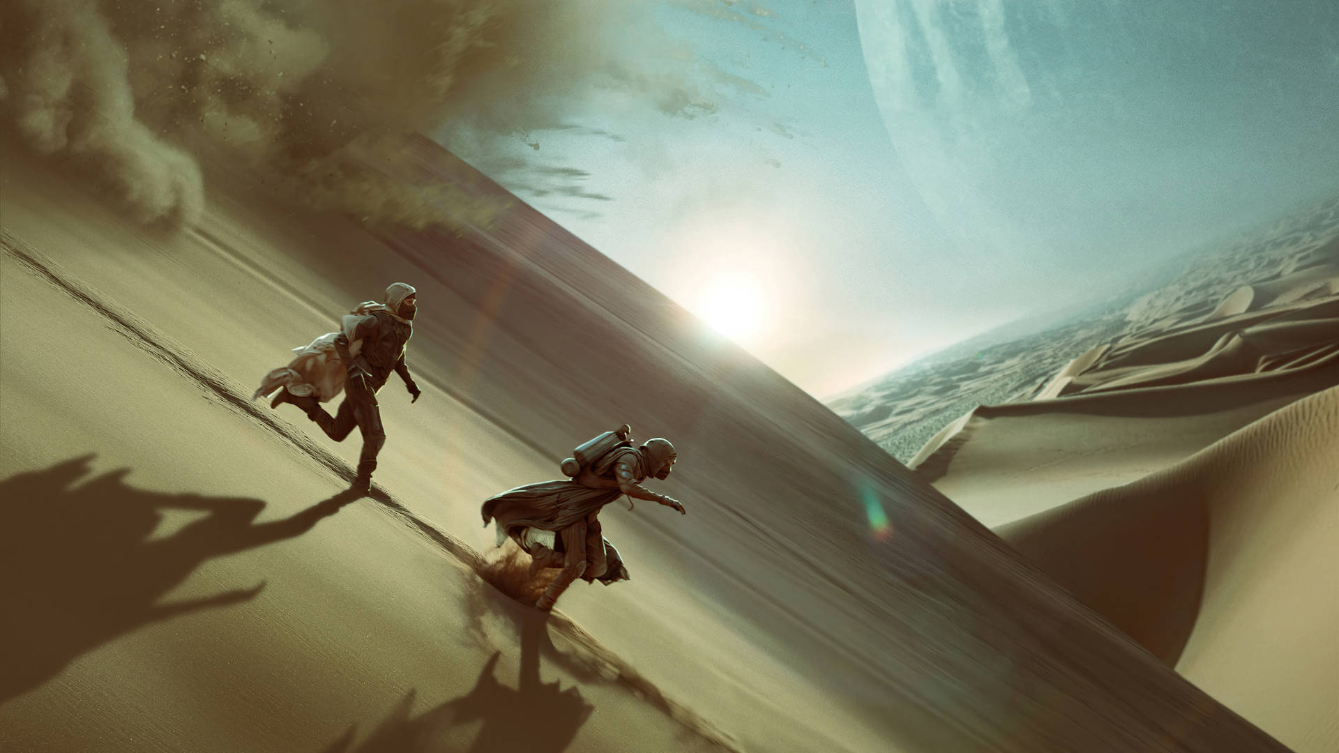 Dune 2021 Running From Sandworm Background