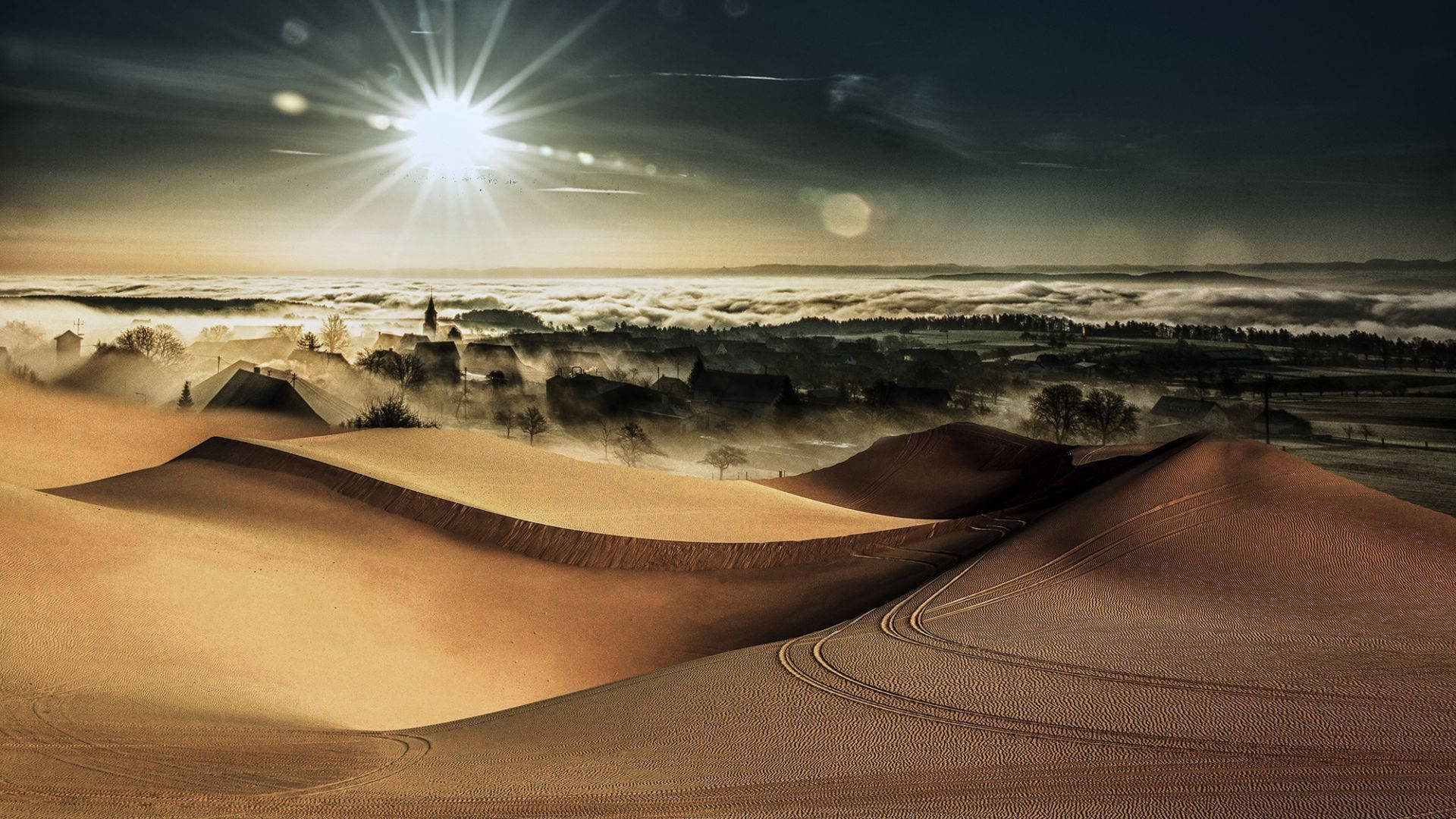 Dunes, Clouds, Trees And Desert Sun Background