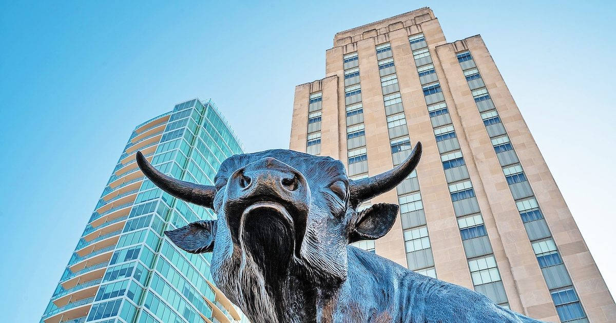 Durham's Skyscrapers Above The Bull Bronze Sculpture Background