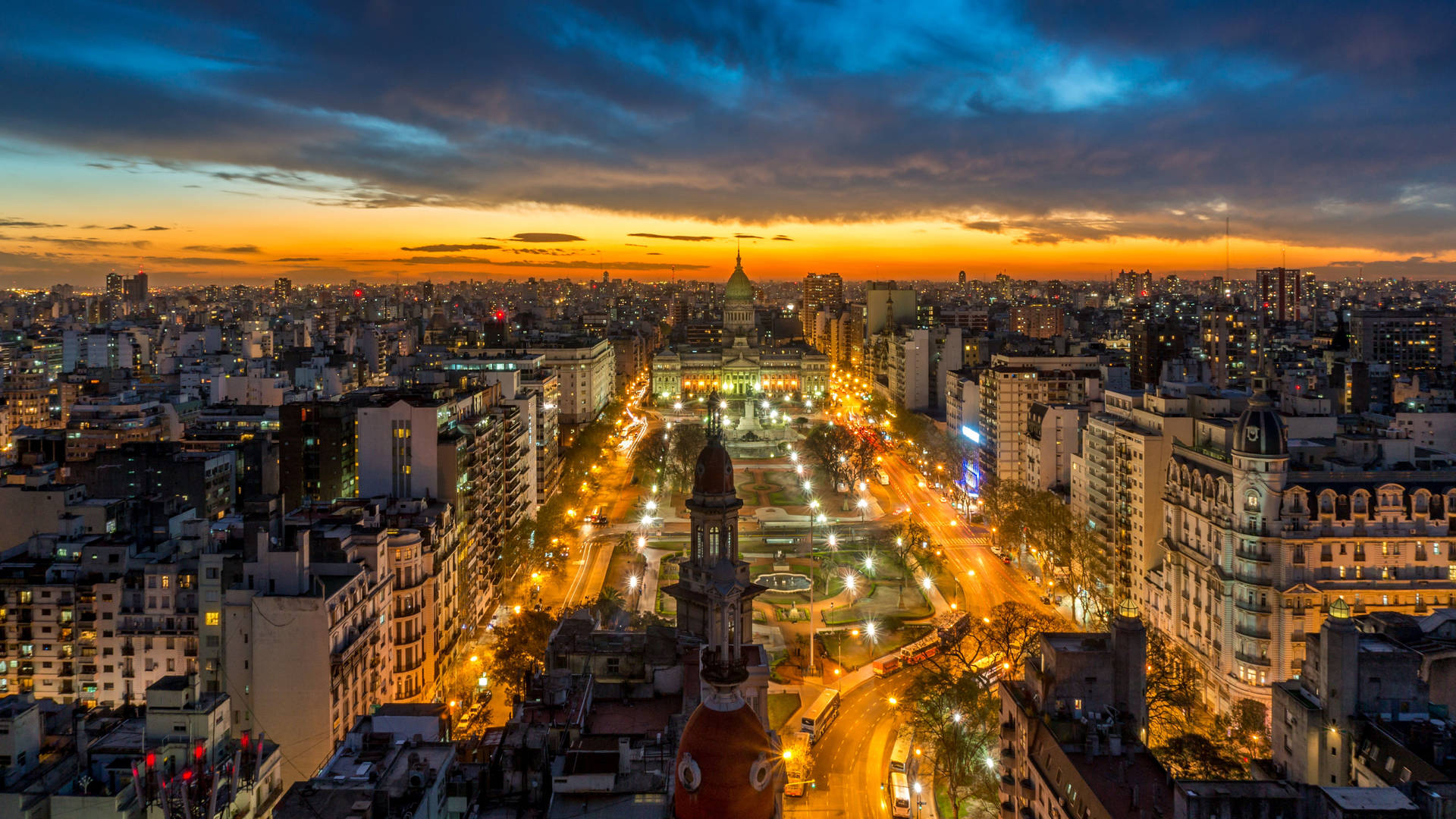 Dusk Descends On The Beautiful Buenos Aires Cityscape. Background
