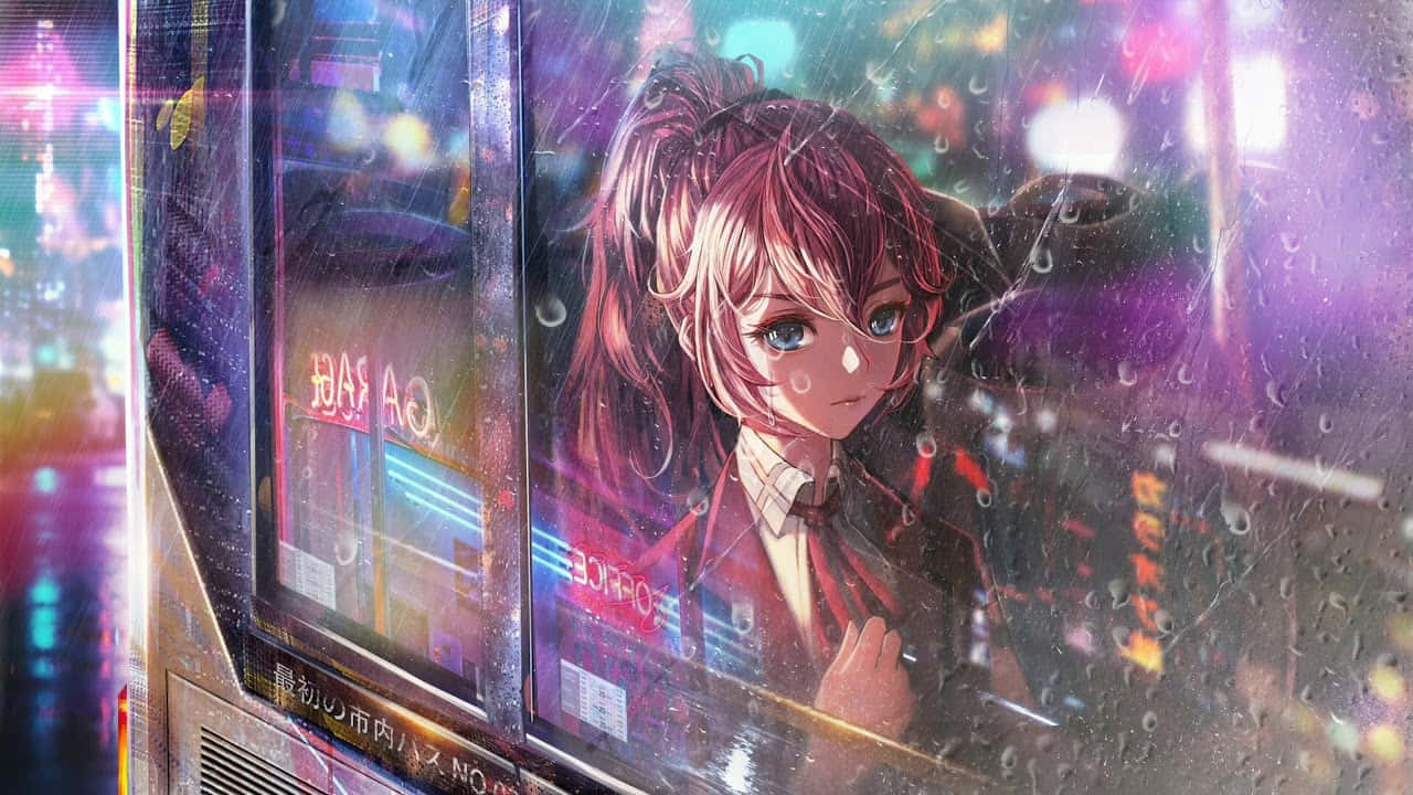 Dynamic Anime Sad Girl Neon City Lights Background