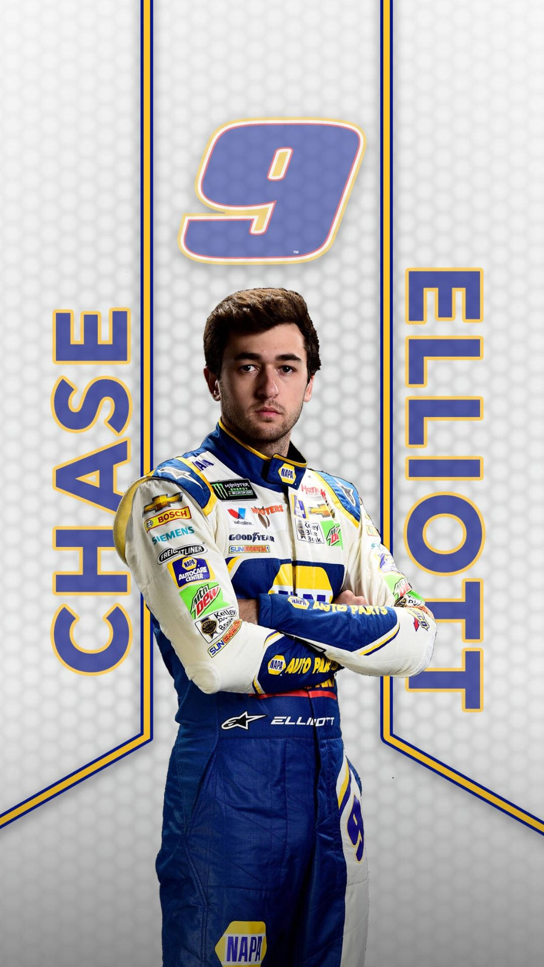 Dynamic Racer, Chase Elliott, Taking A Sharp Turn In Car #9. Background